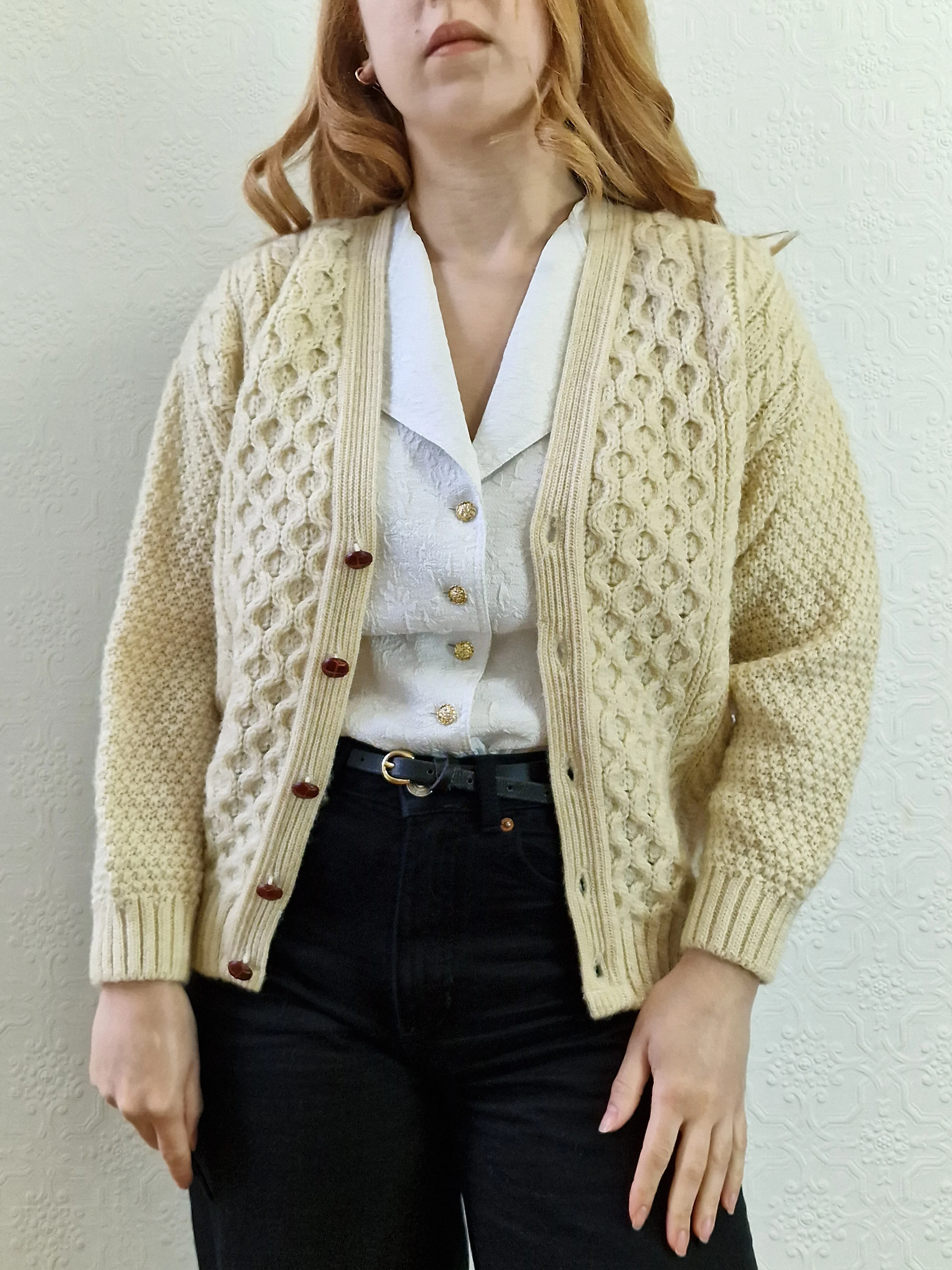 Vintage Pure Wool Cream V-Neck Aran Cardigan by Highland Home Industries - S/M - Image 8