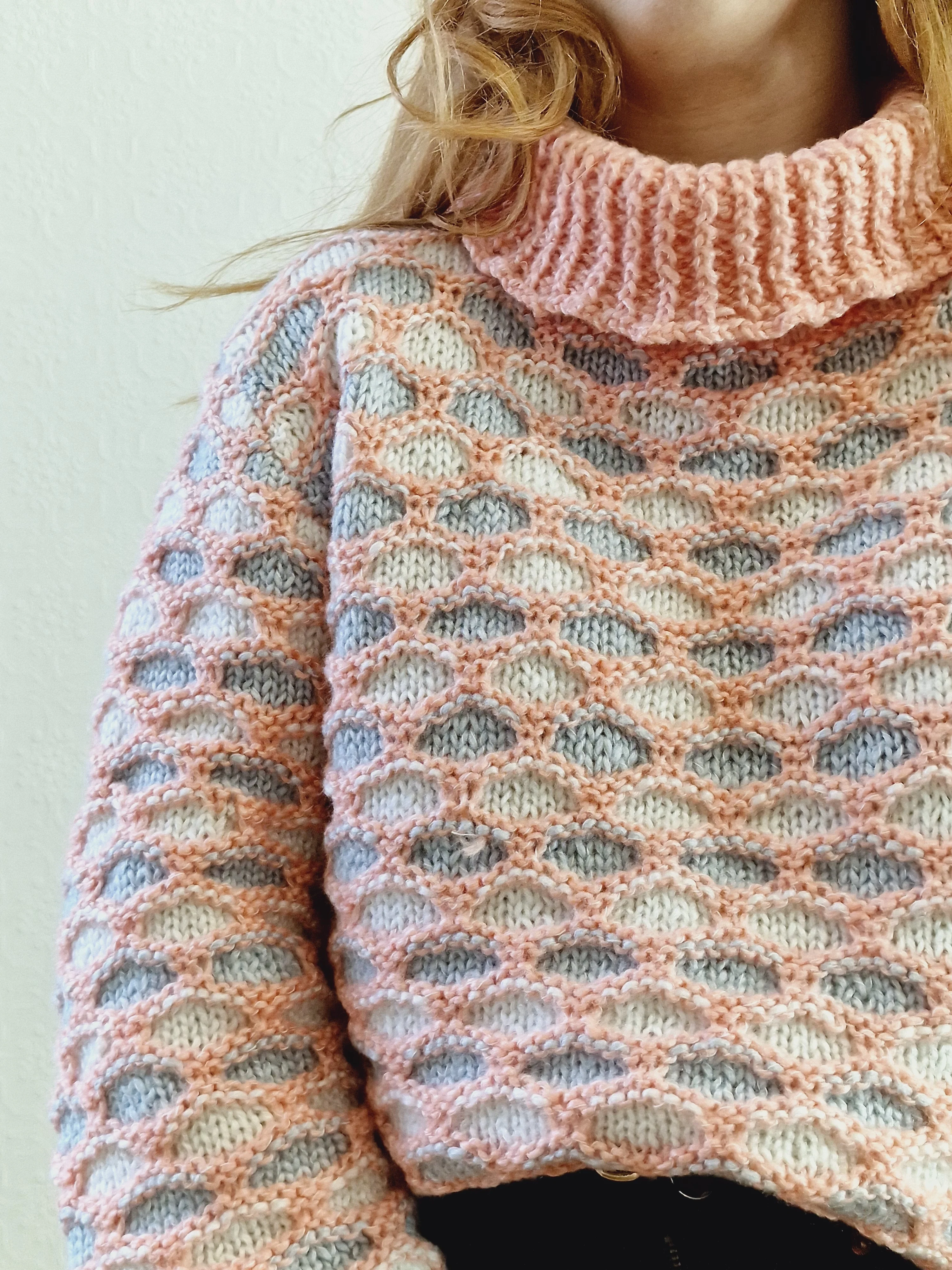 Vintage Handknitted Coral Pink Honey Comb Style Chunky Jumper with Roll Neck - M - Image 11