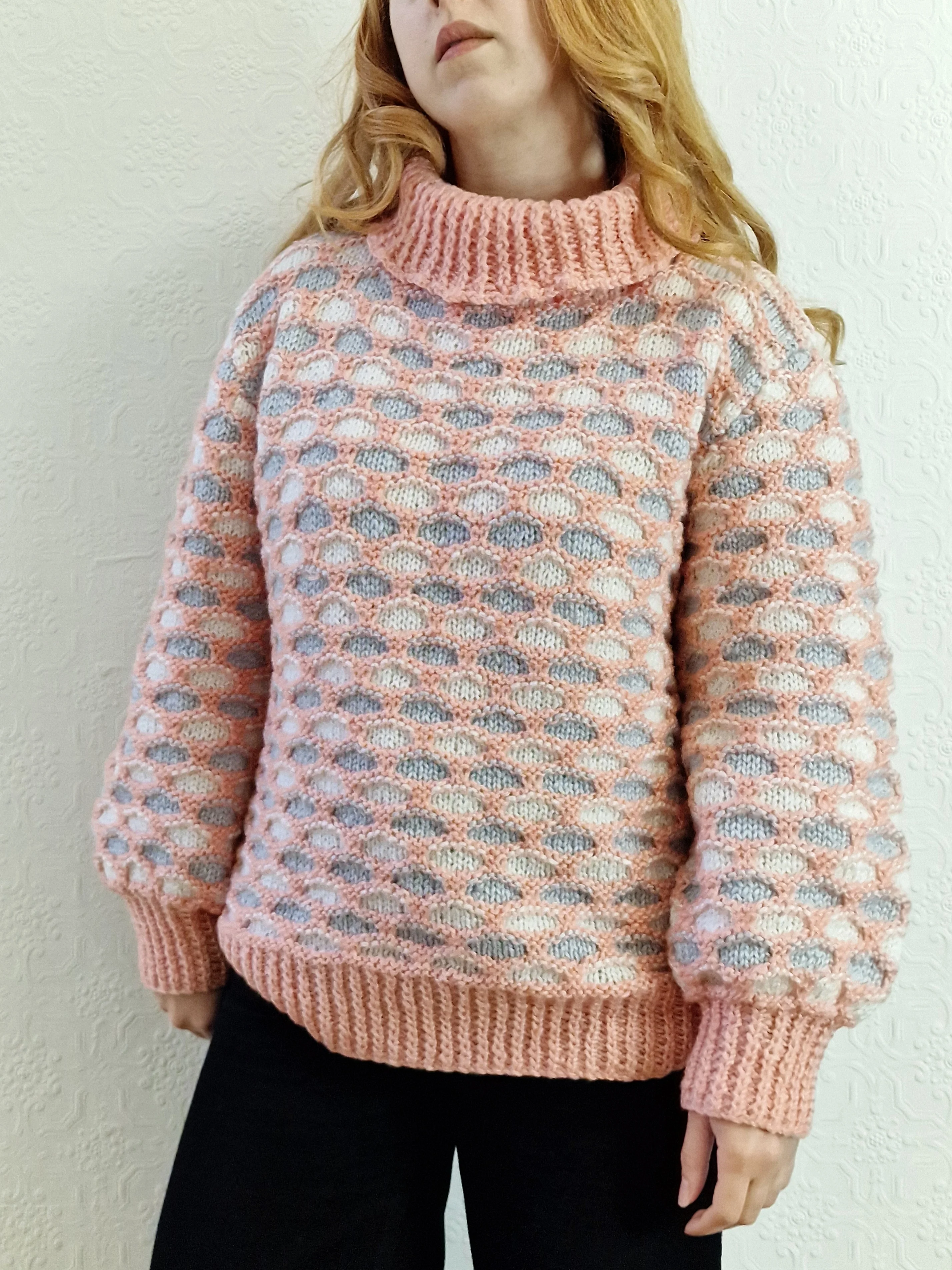 Vintage Handknitted Coral Pink Honey Comb Style Chunky Jumper with Roll Neck - M - Image 2