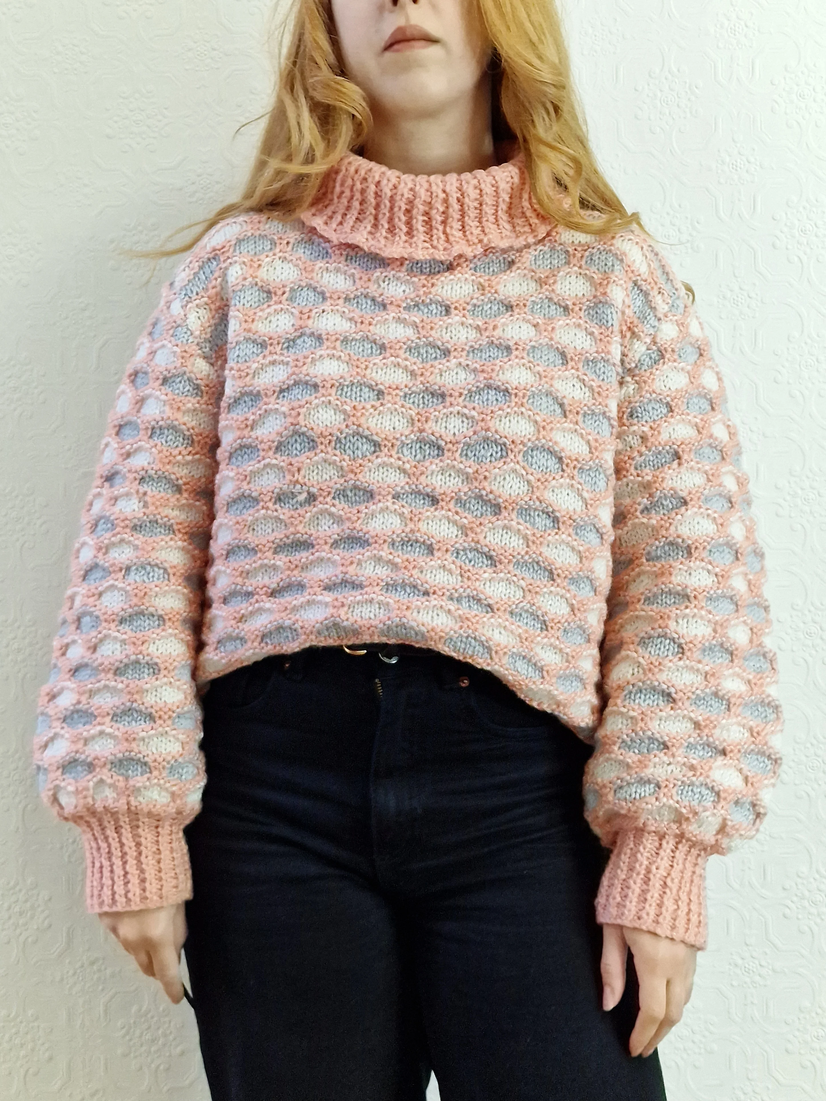 Vintage Handknitted Coral Pink Honey Comb Style Chunky Jumper with Roll Neck - M - Image 8