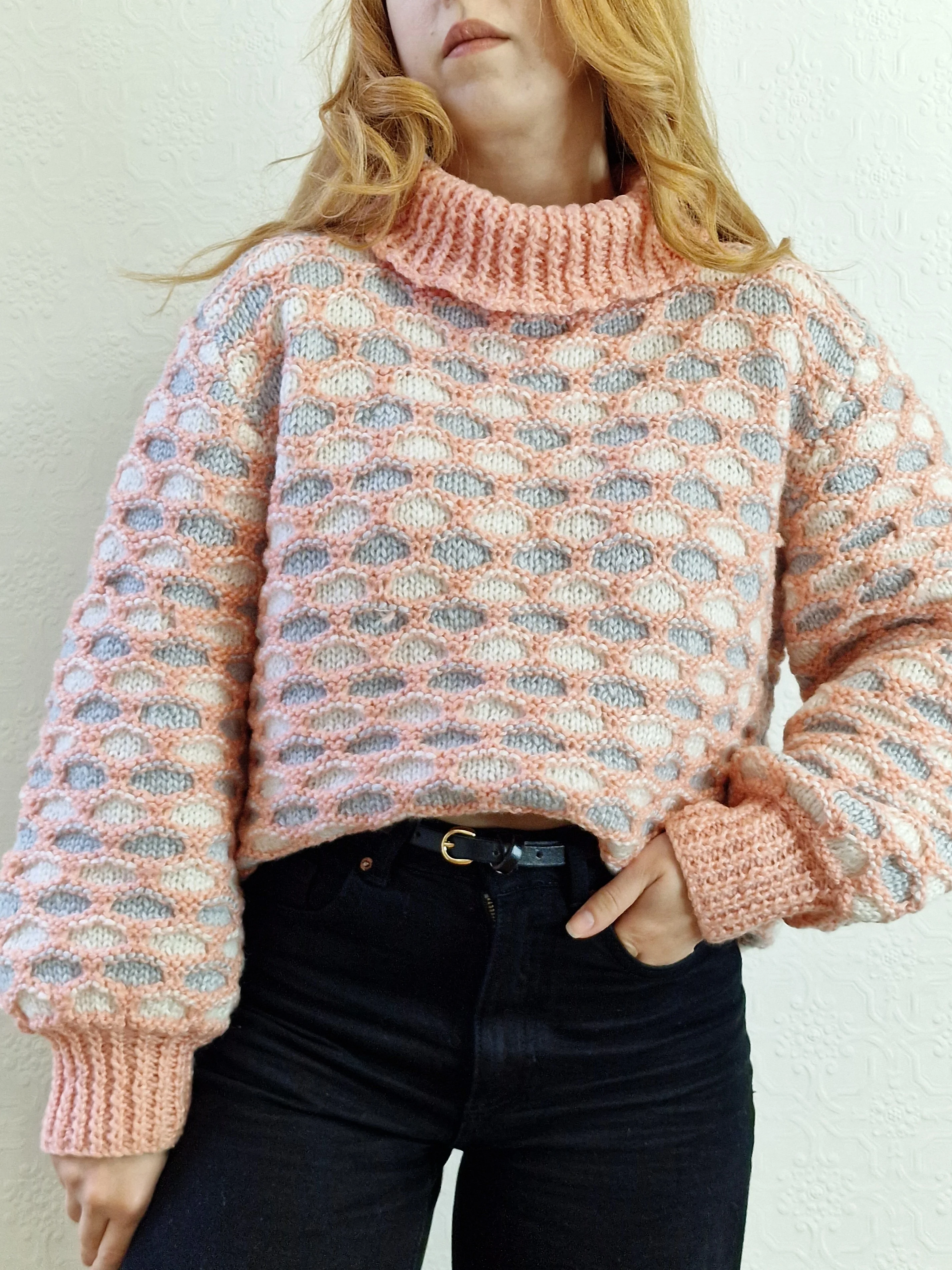 Vintage Handknitted Coral Pink Honey Comb Style Chunky Jumper with Roll Neck - M - Image 9