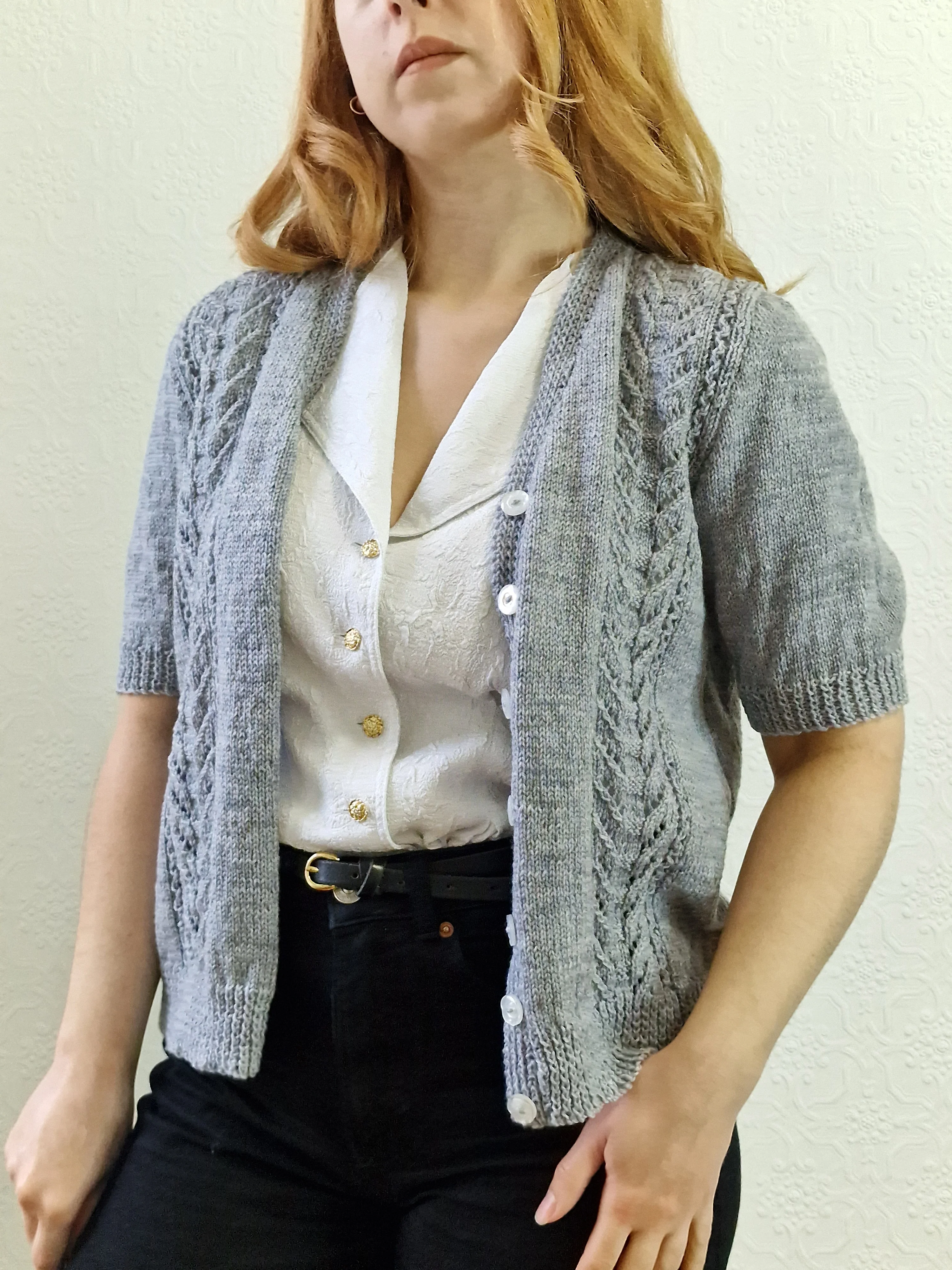 Vintage 80s Handknitted V-Neck Cardigan with Short Sleeves - S - Image 2