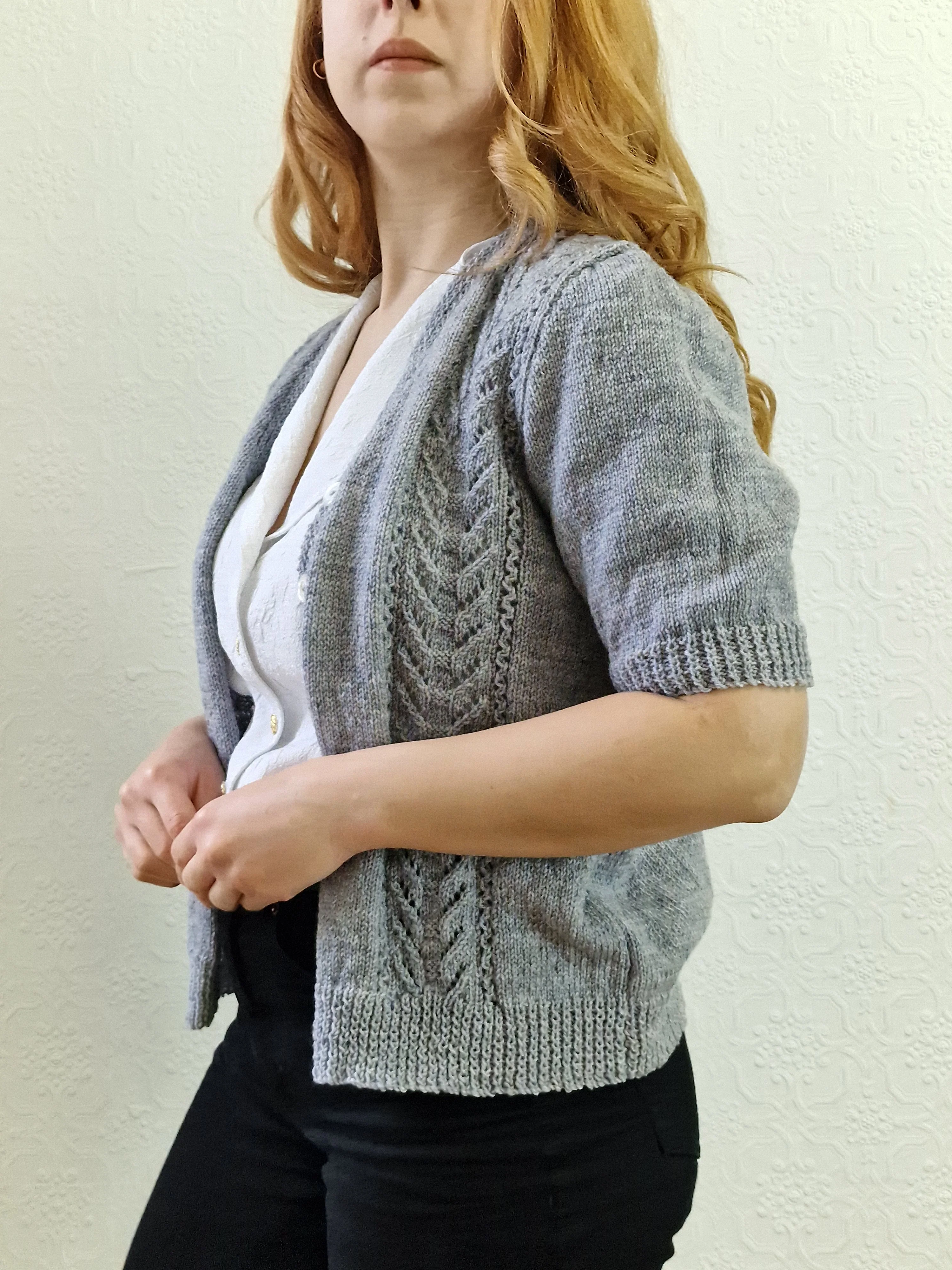 Vintage 80s Handknitted V-Neck Cardigan with Short Sleeves - S - Image 3