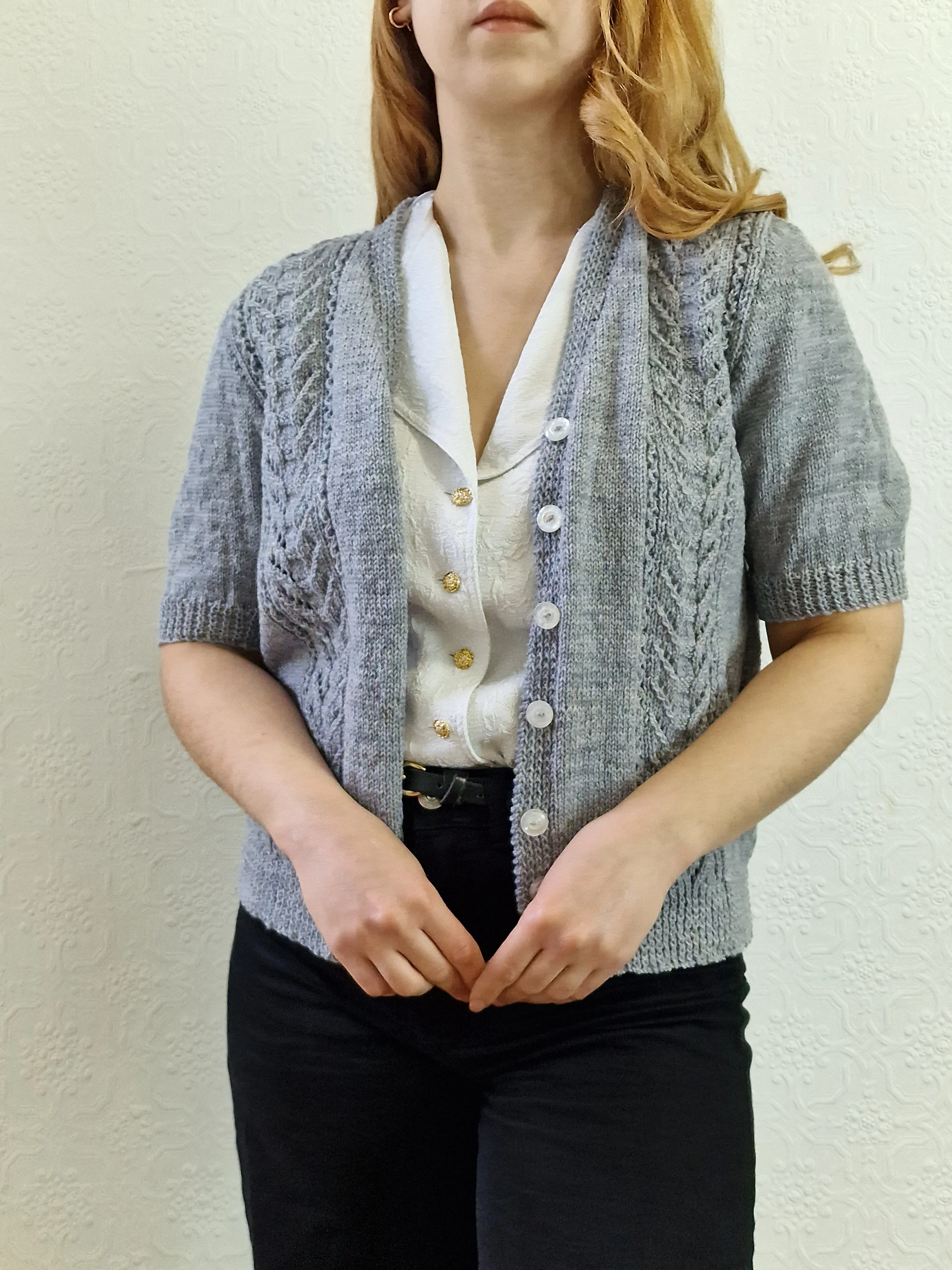 Vintage 80s Handknitted V-Neck Cardigan with Short Sleeves - S - Image 4