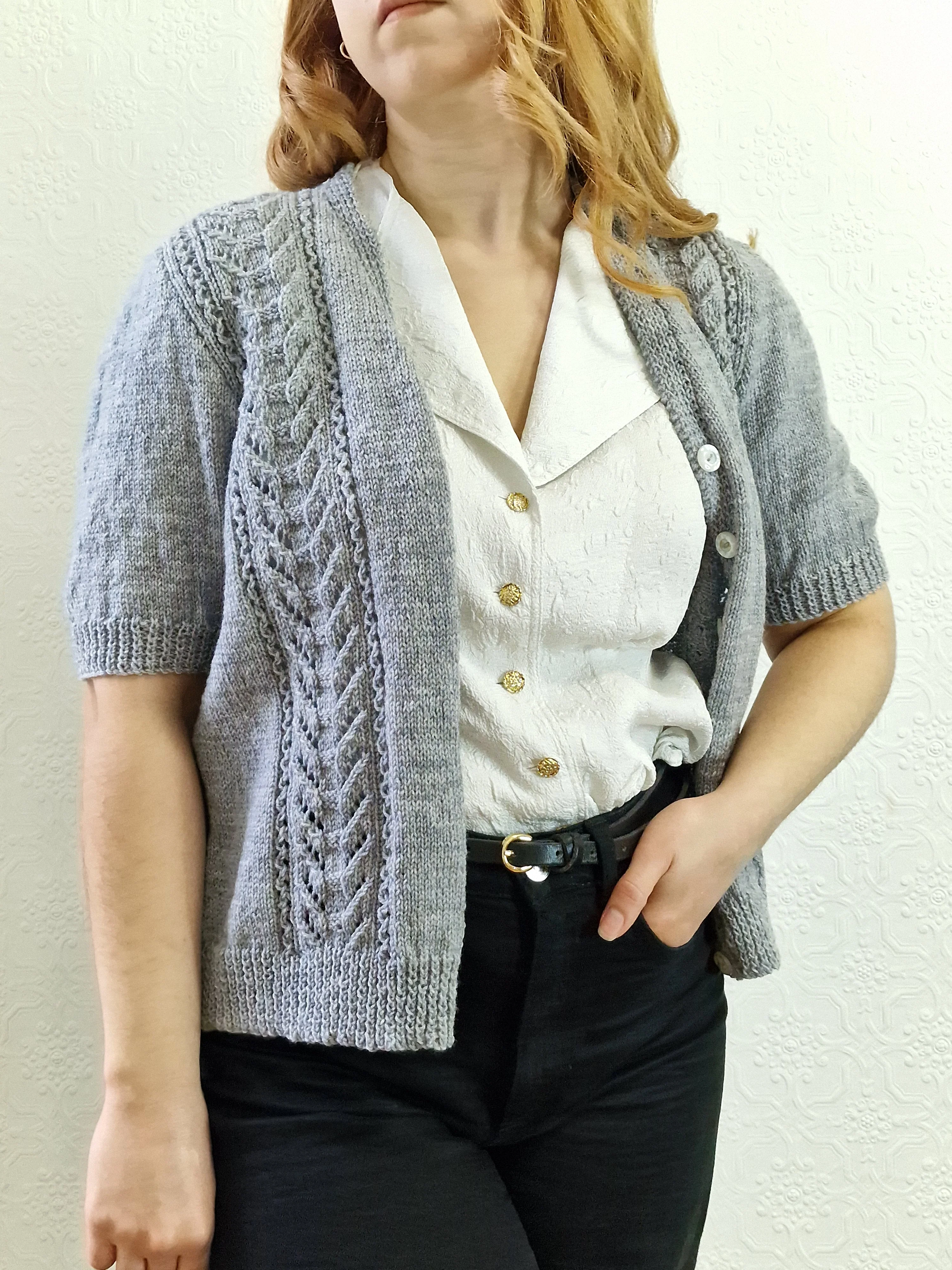 Vintage 80s Handknitted V-Neck Cardigan with Short Sleeves - S - Image 5