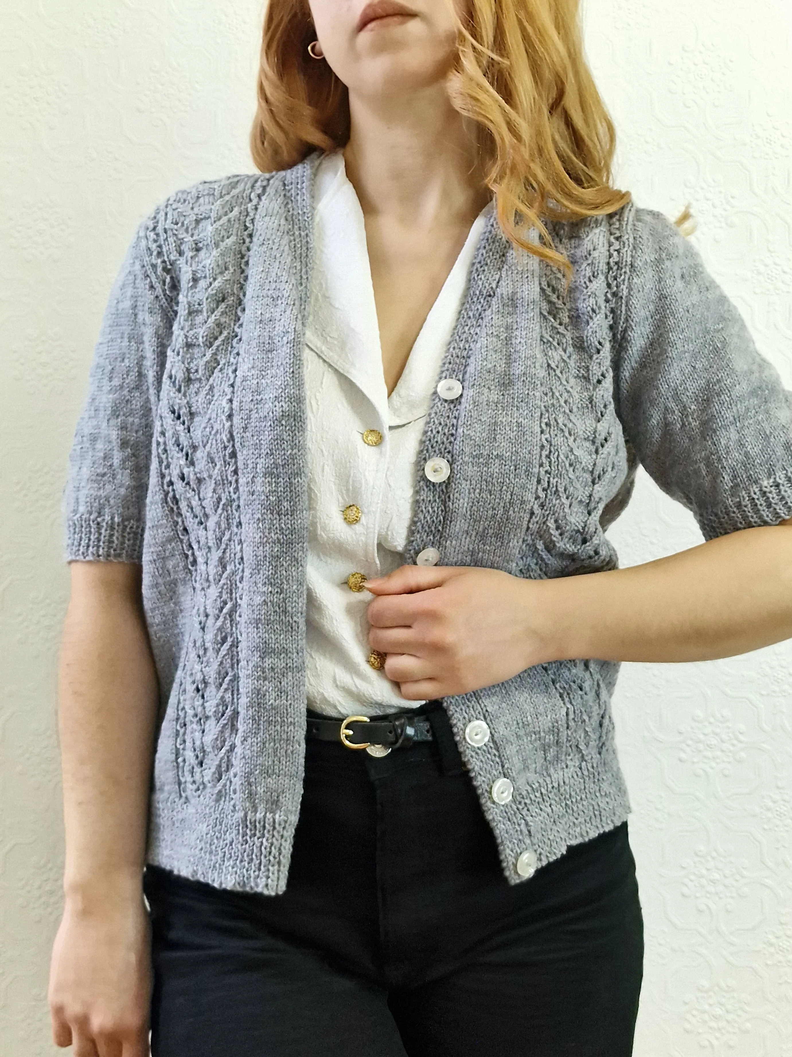 Vintage 80s Handknitted V-Neck Cardigan with Short Sleeves - S - Image 6