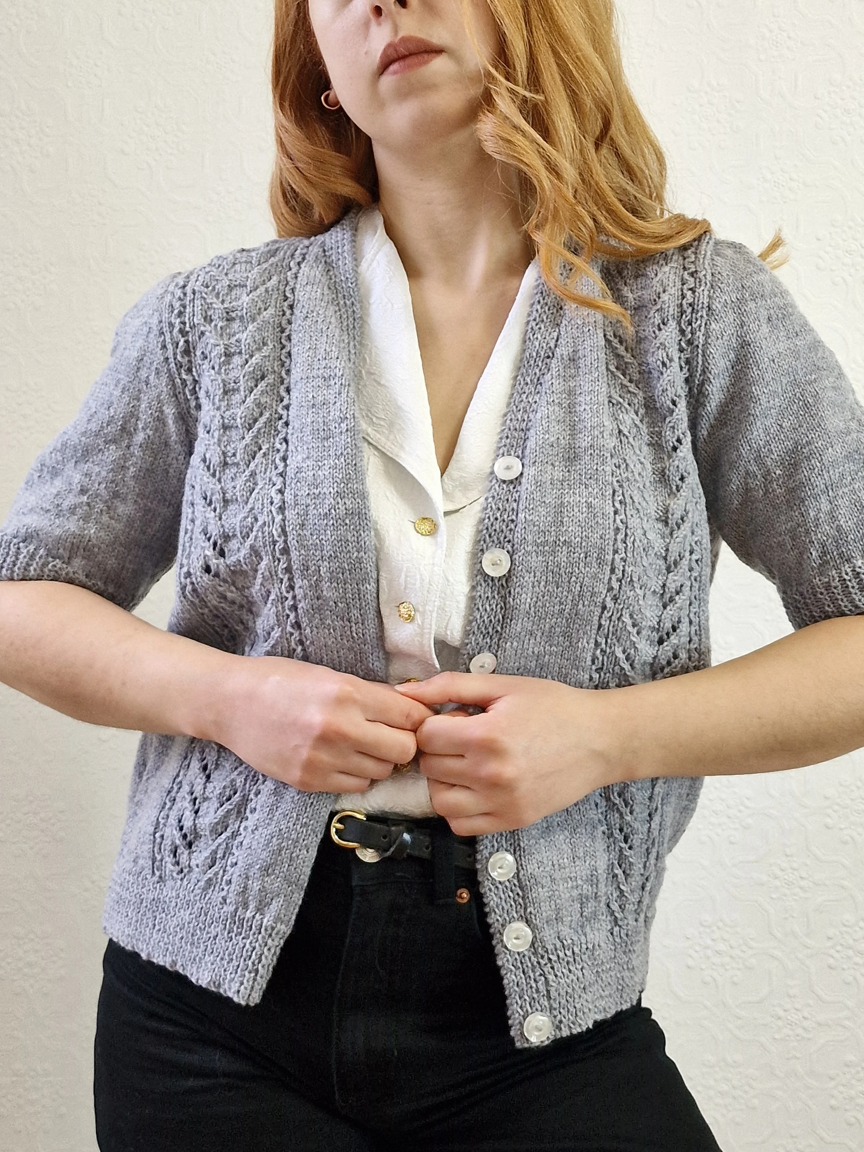 Vintage 80s Handknitted V-Neck Cardigan with Short Sleeves - S - Image 7