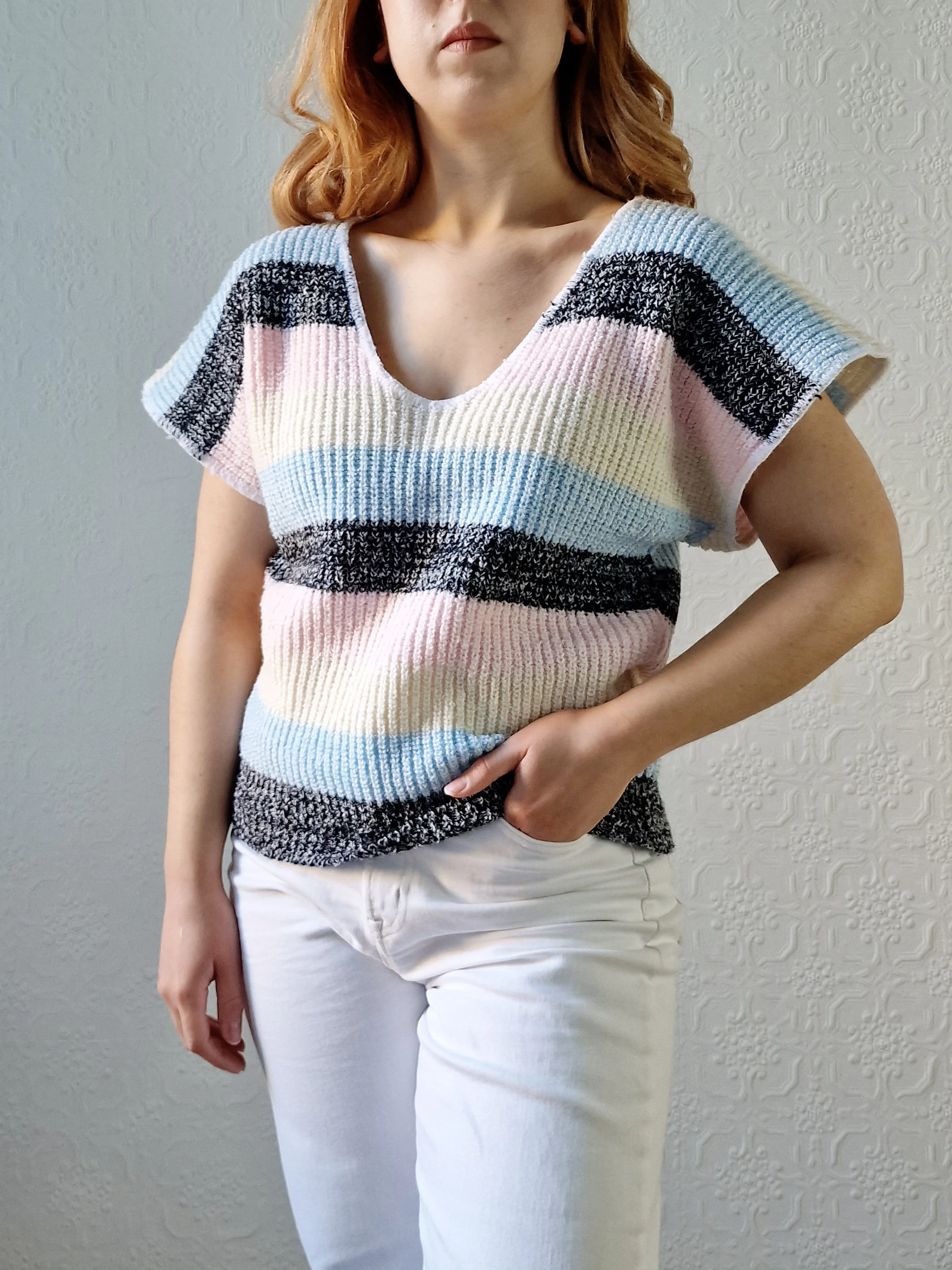 Vintage 80s Striped Pastel V-Neck Knitted Jumper Top with Short Sleeves - M - Image 2