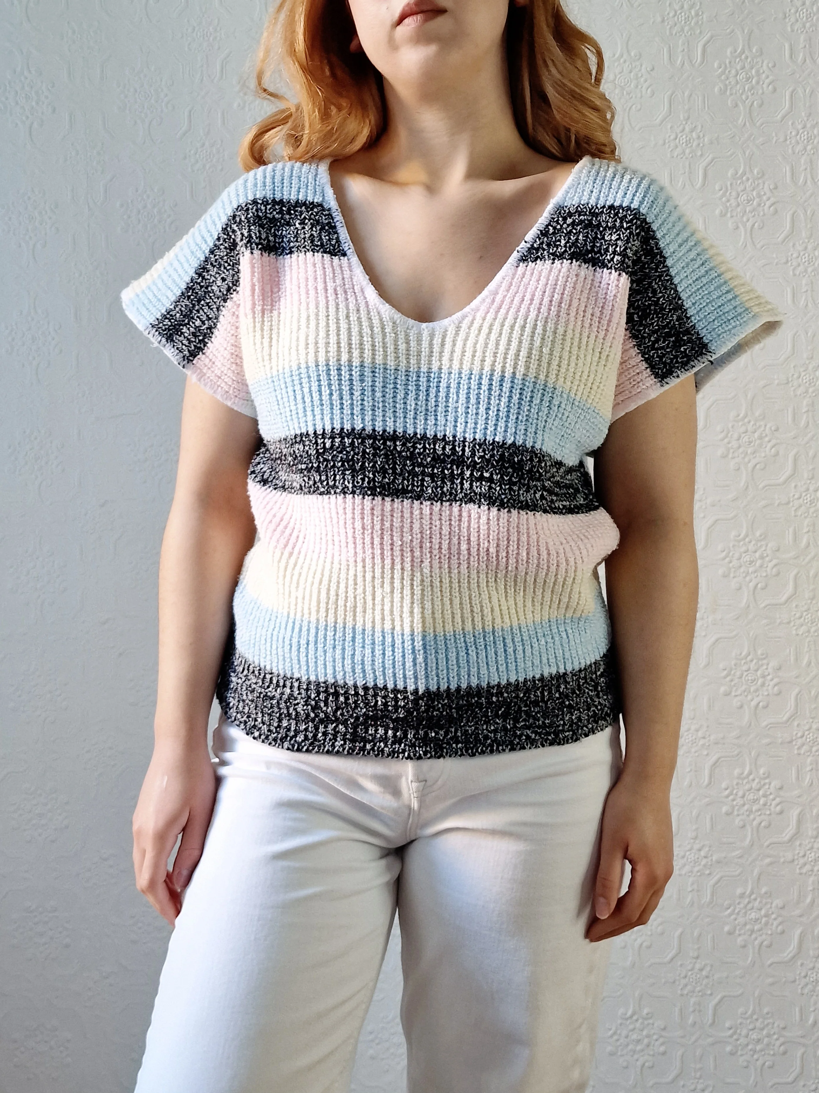 Vintage 80s Striped Pastel V-Neck Knitted Jumper Top with Short Sleeves - M - Image 3
