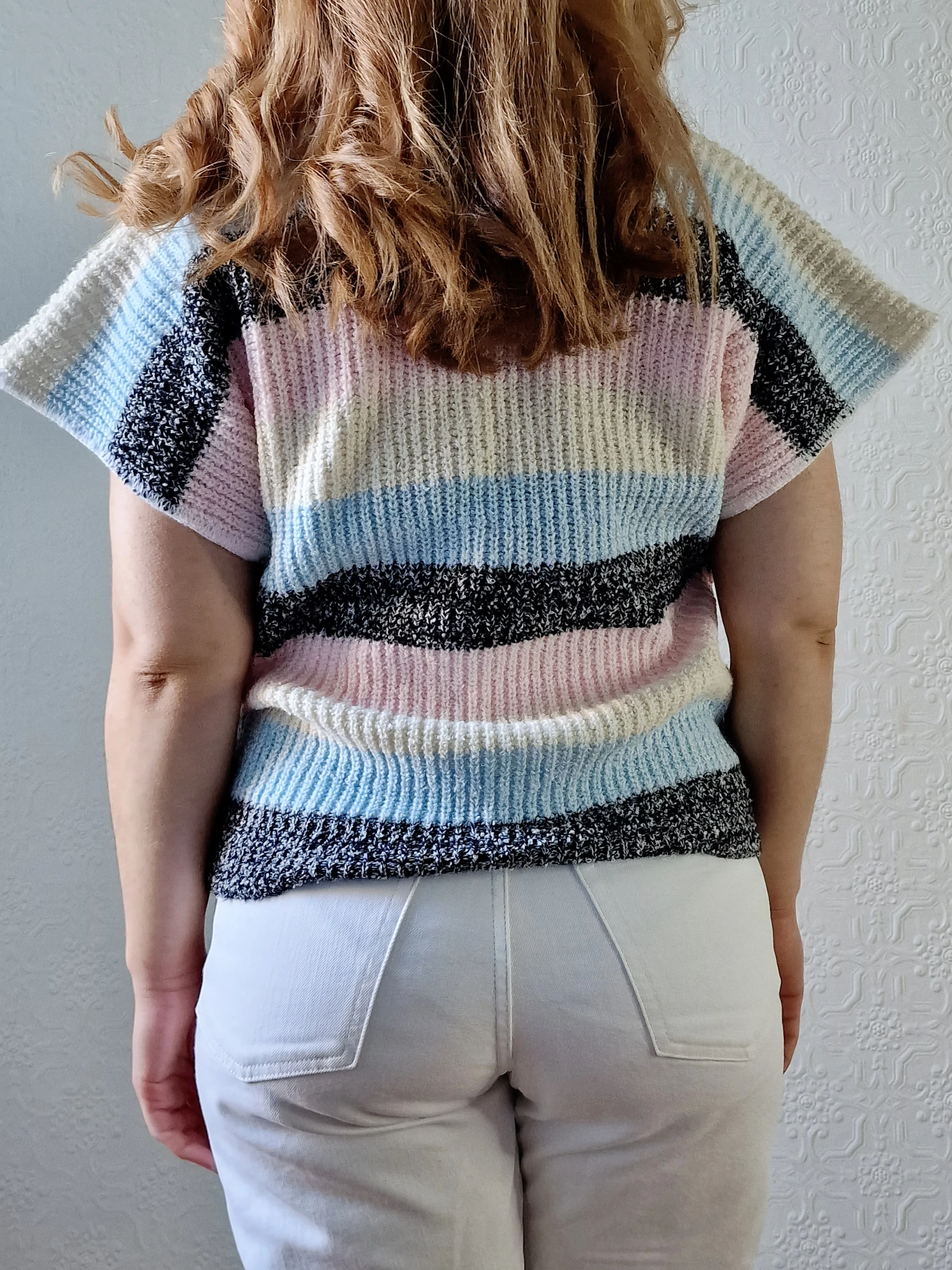 Vintage 80s Striped Pastel V-Neck Knitted Jumper Top with Short Sleeves - M - Image 5