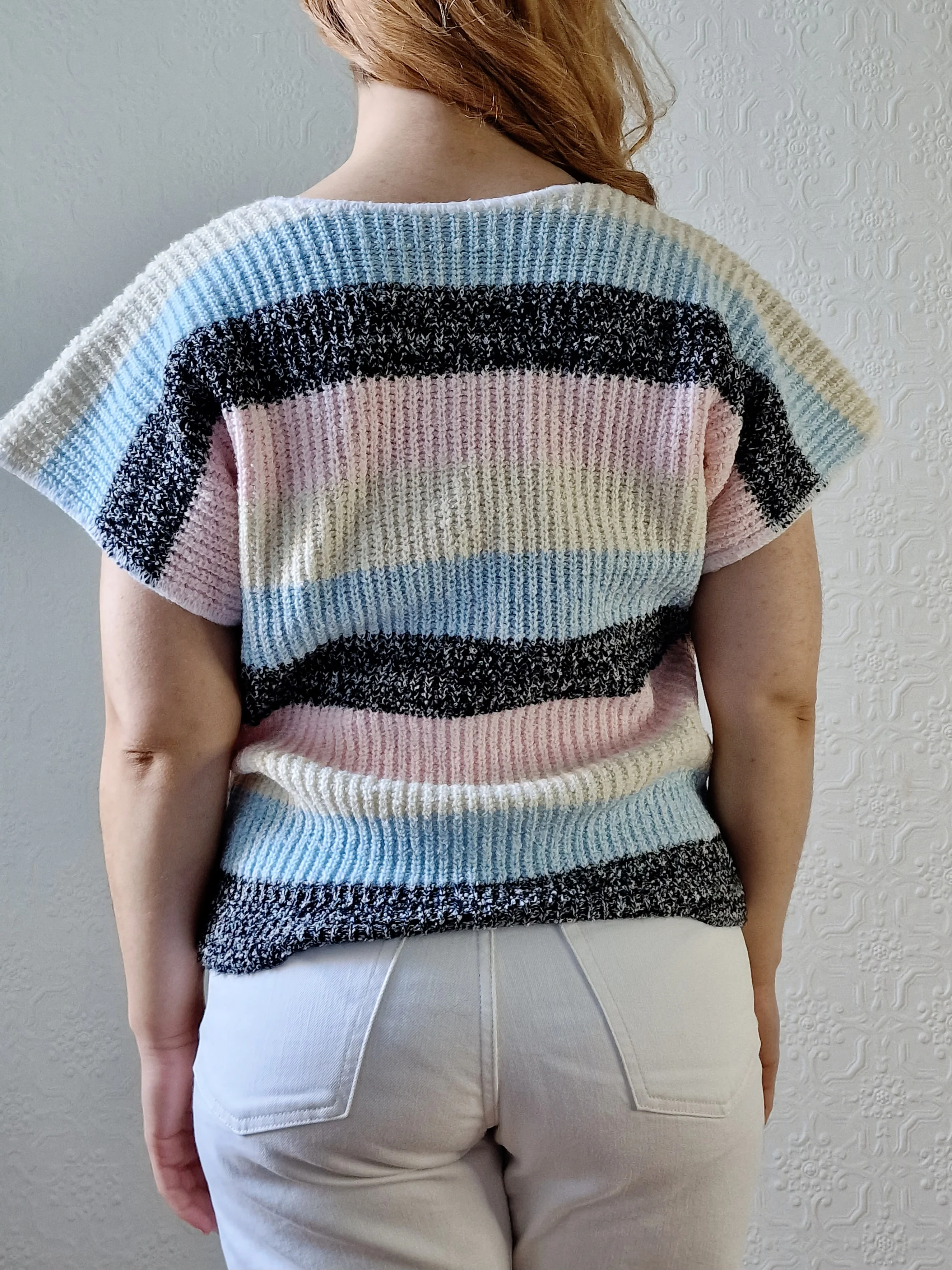 Vintage 80s Striped Pastel V-Neck Knitted Jumper Top with Short Sleeves - M - Image 6