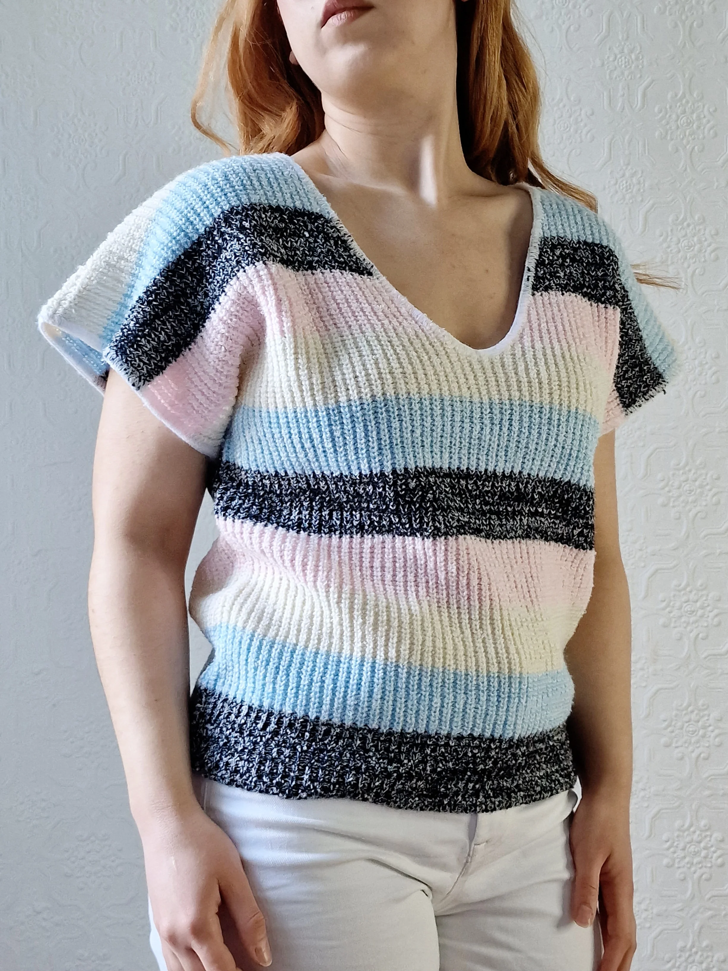 Vintage 80s Striped Pastel V-Neck Knitted Jumper Top with Short Sleeves - M - Image 7