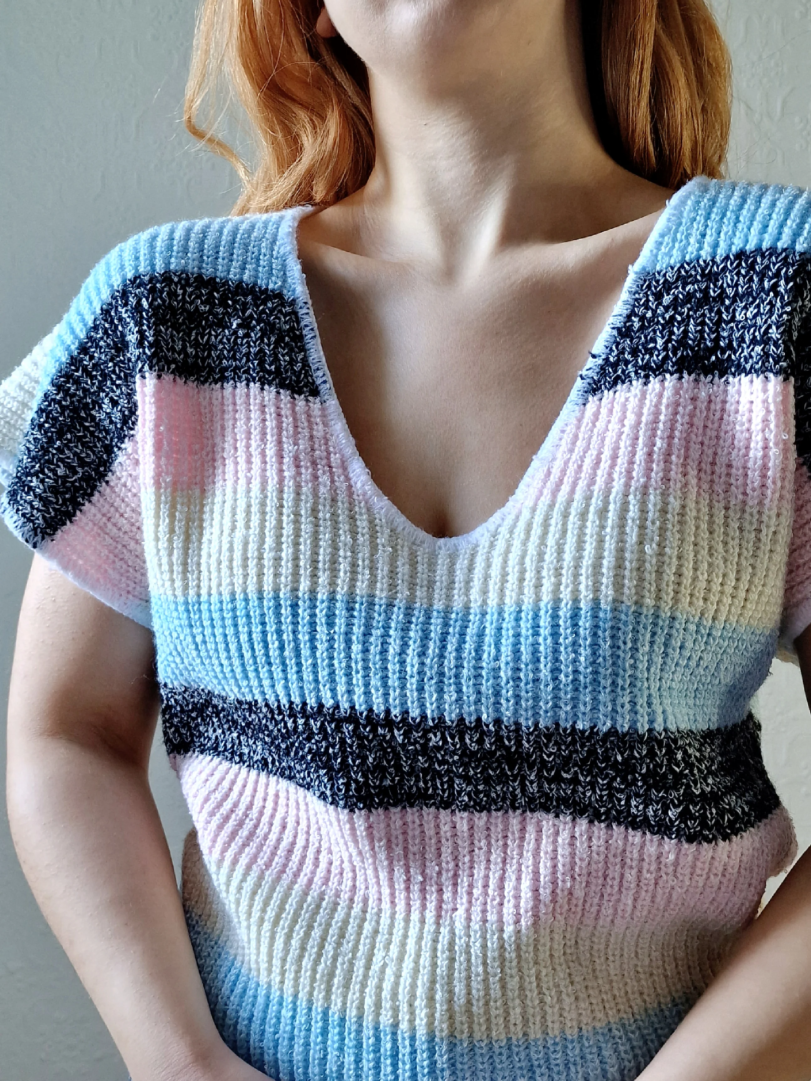Vintage 80s Striped Pastel V-Neck Knitted Jumper Top with Short Sleeves - M - Image 8