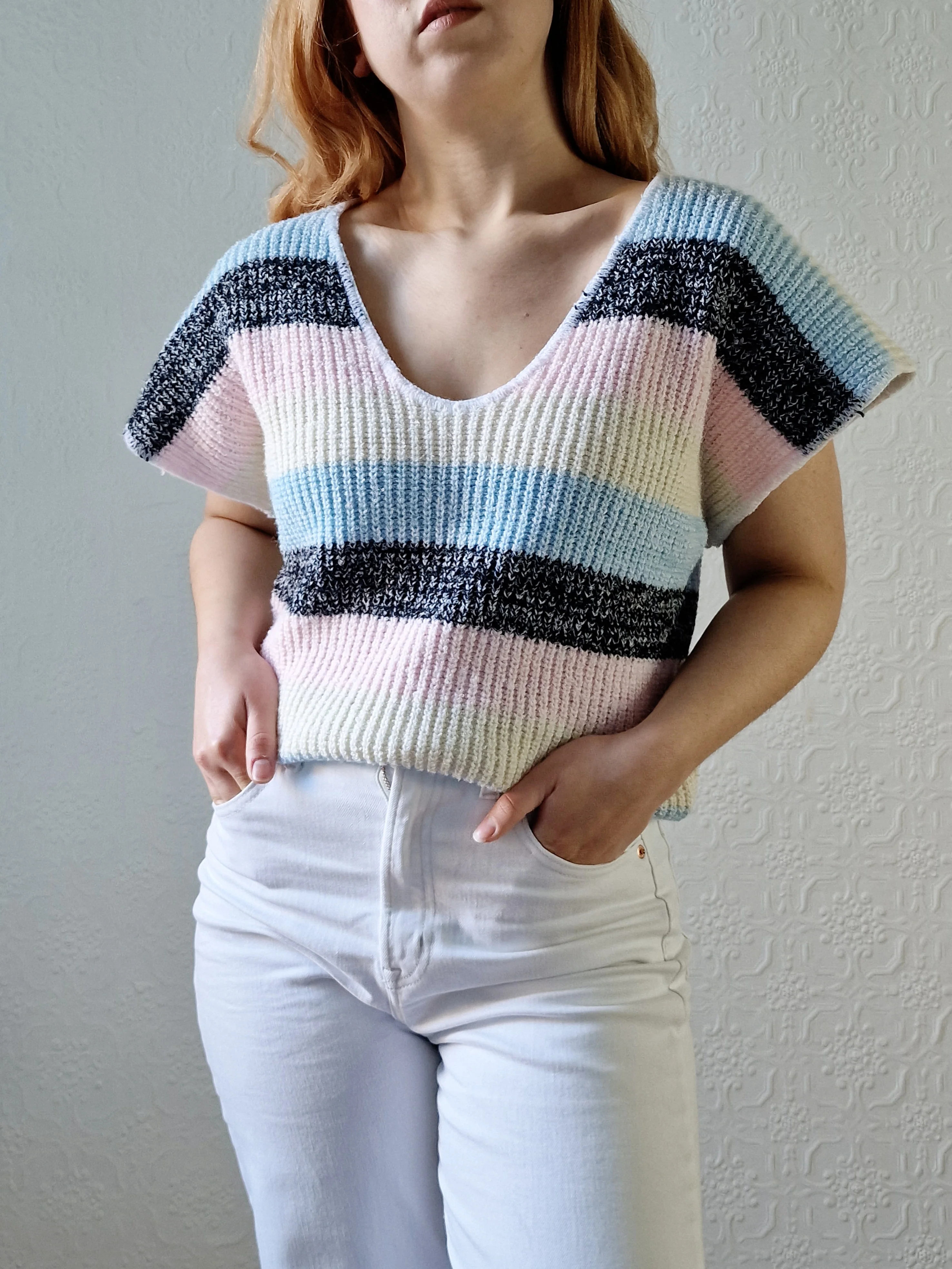 Vintage 80s Striped Pastel V-Neck Knitted Jumper Top with Short Sleeves - M - Image 9