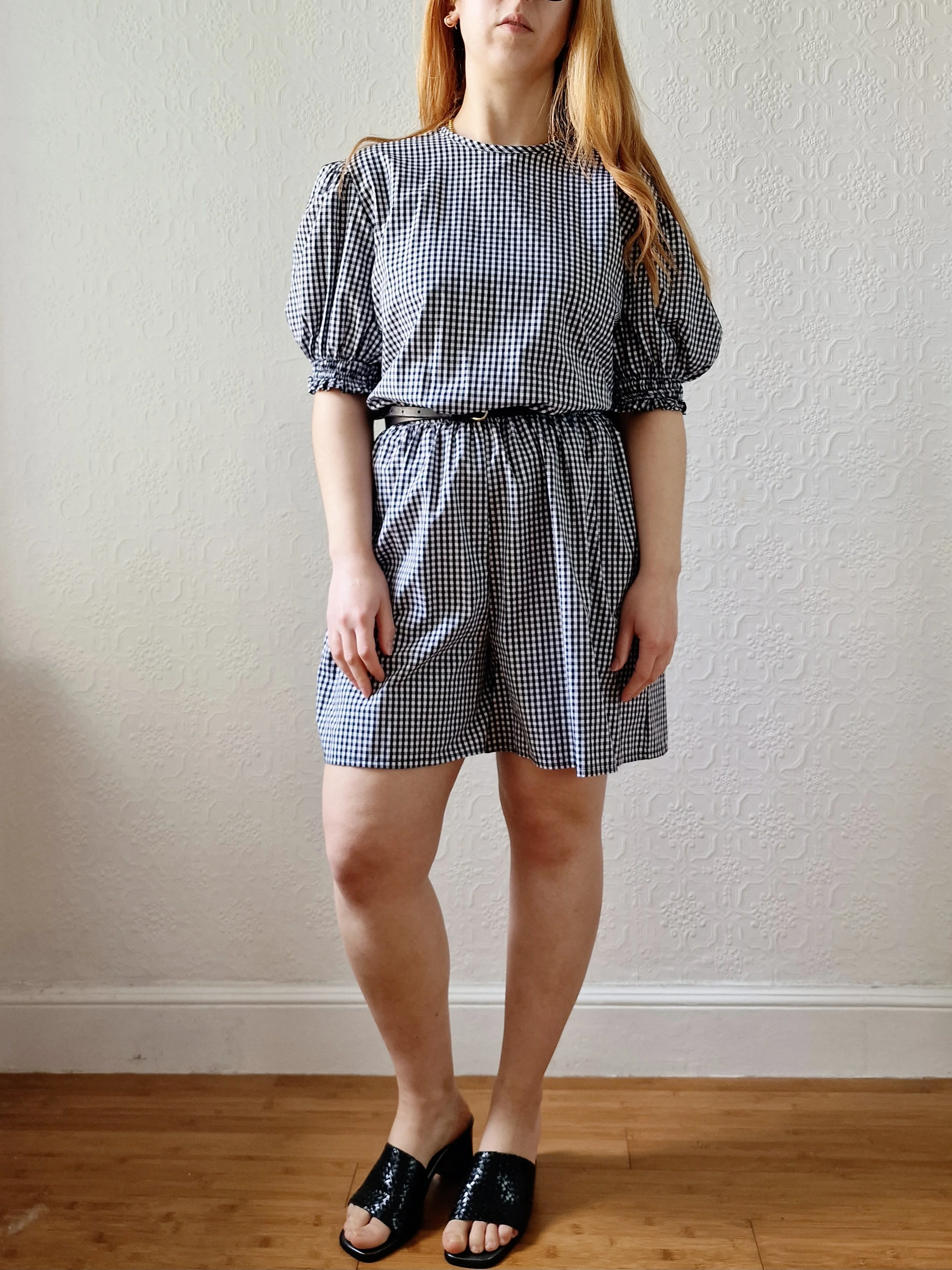 Vintage Black & White Gingham Playsuit with Puff Sleeves - M/L - Image 3