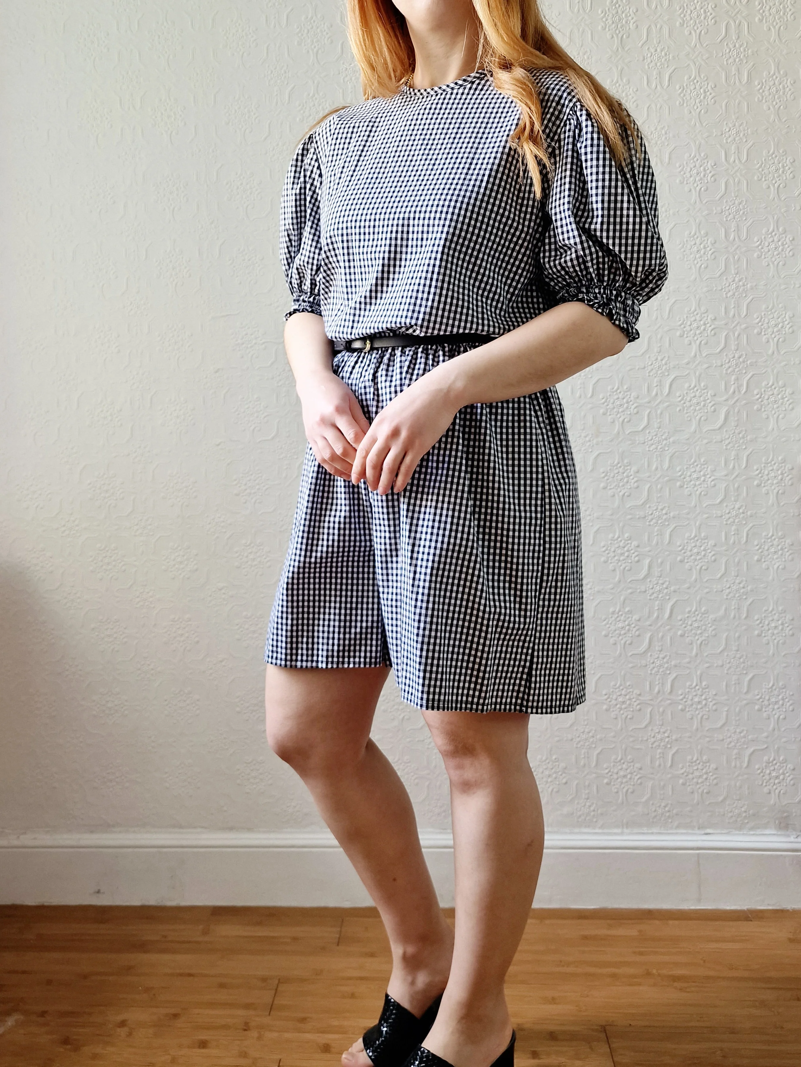 Vintage Black & White Gingham Playsuit with Puff Sleeves - M/L - Image 6