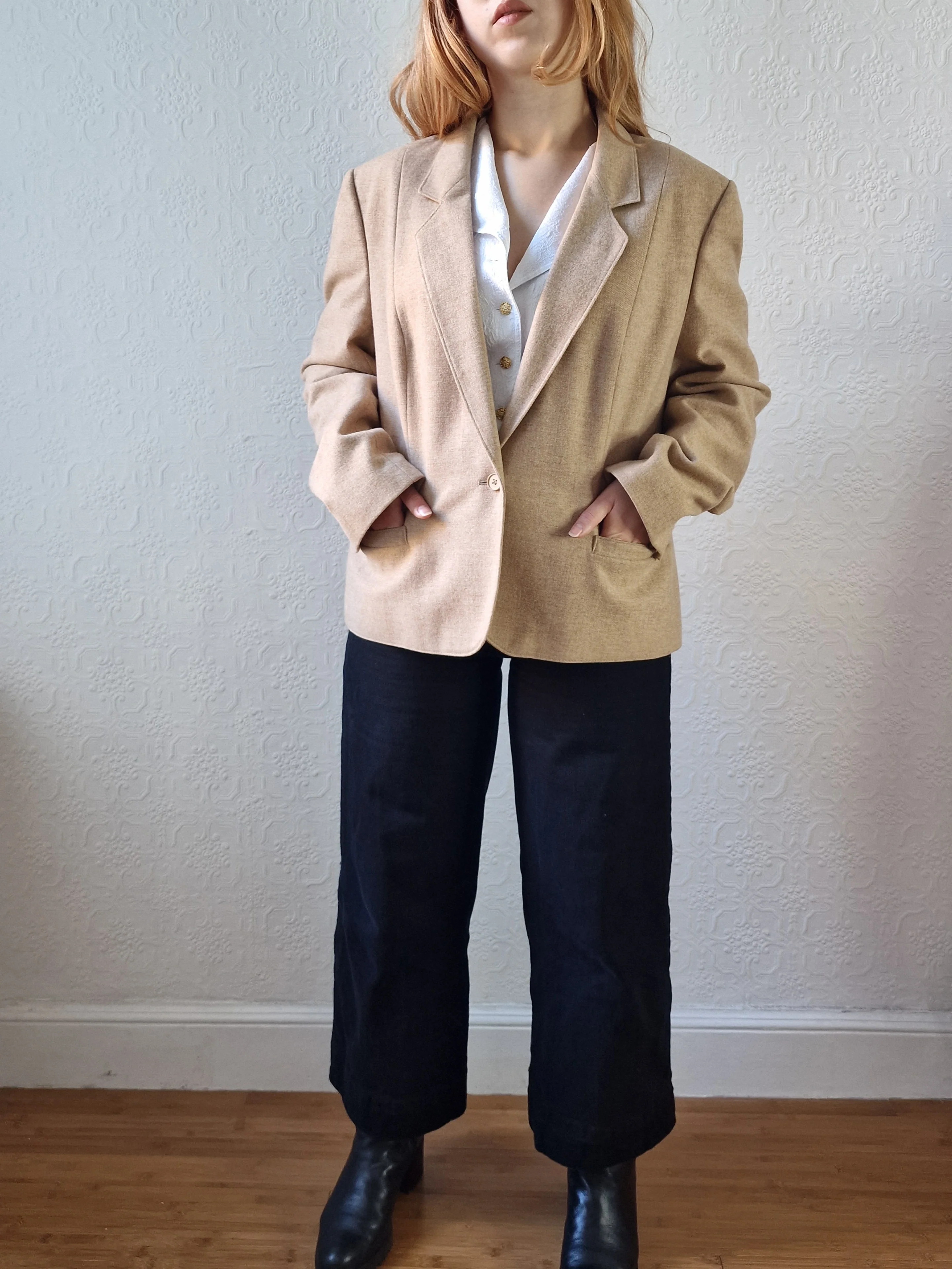 Vintage 90s Camel Beige Pure Wool Blazer - M - Image 11