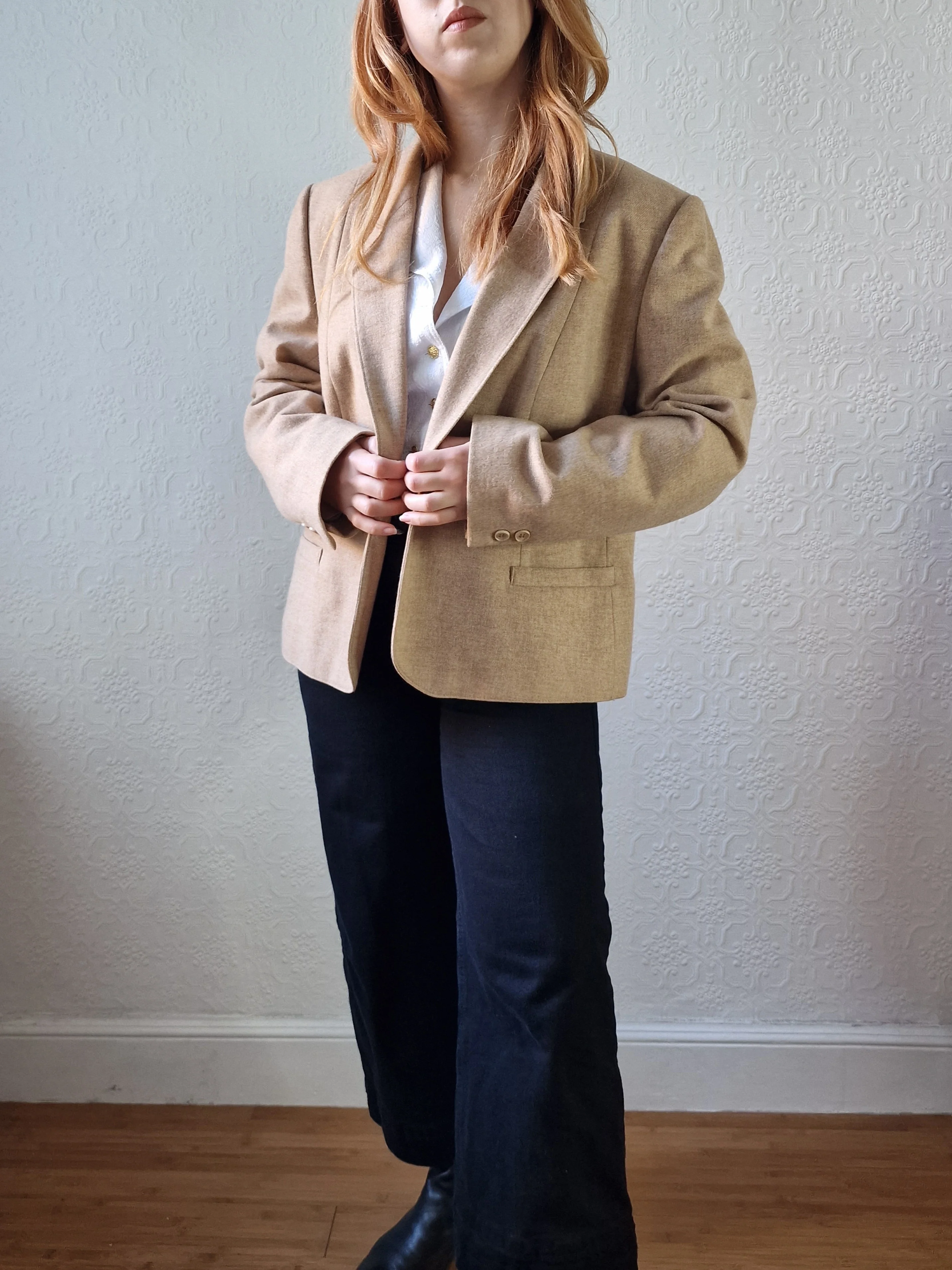 Vintage 90s Camel Beige Pure Wool Blazer - M - Image 3