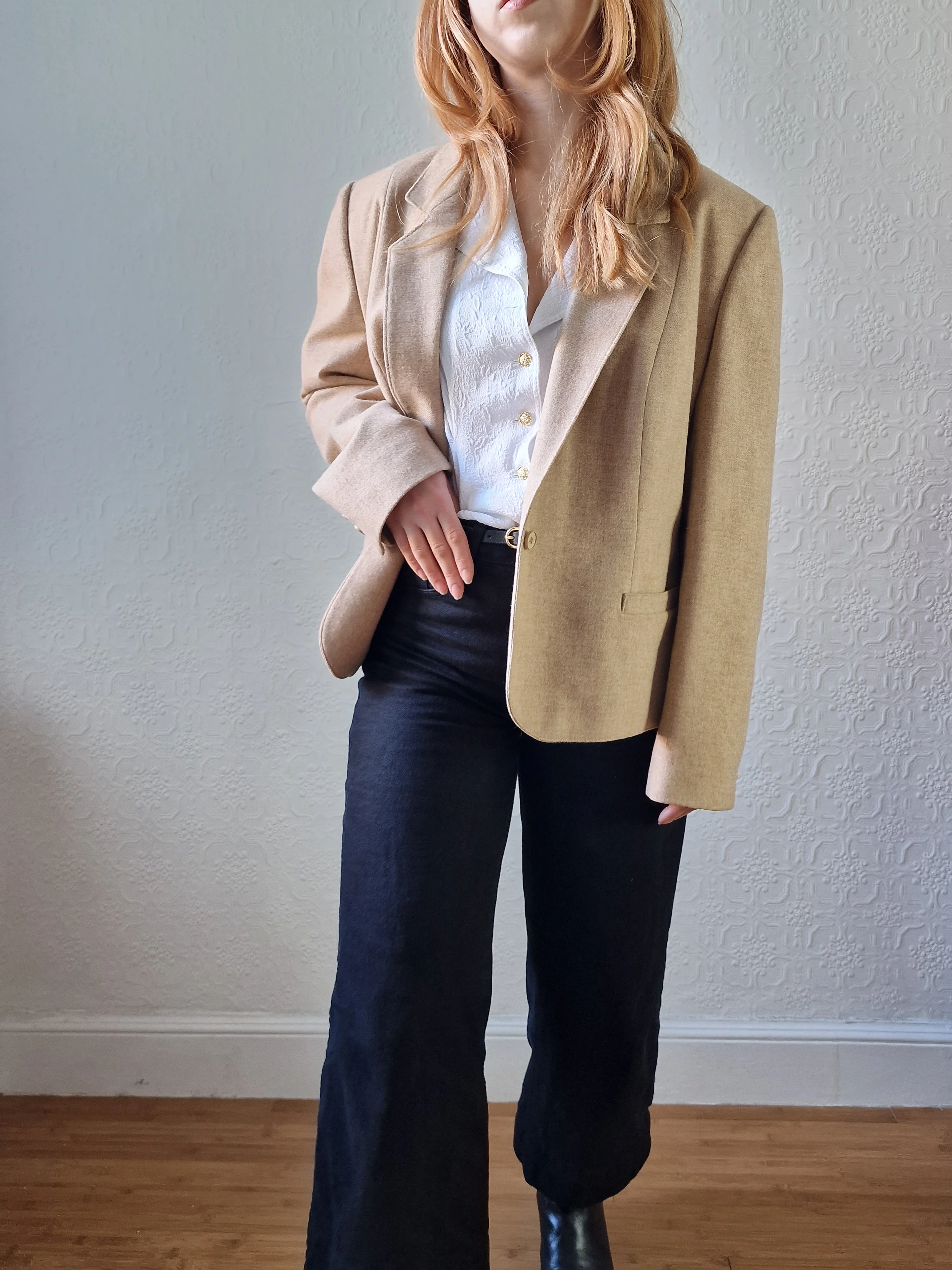 Vintage 90s Camel Beige Pure Wool Blazer - M - Image 8