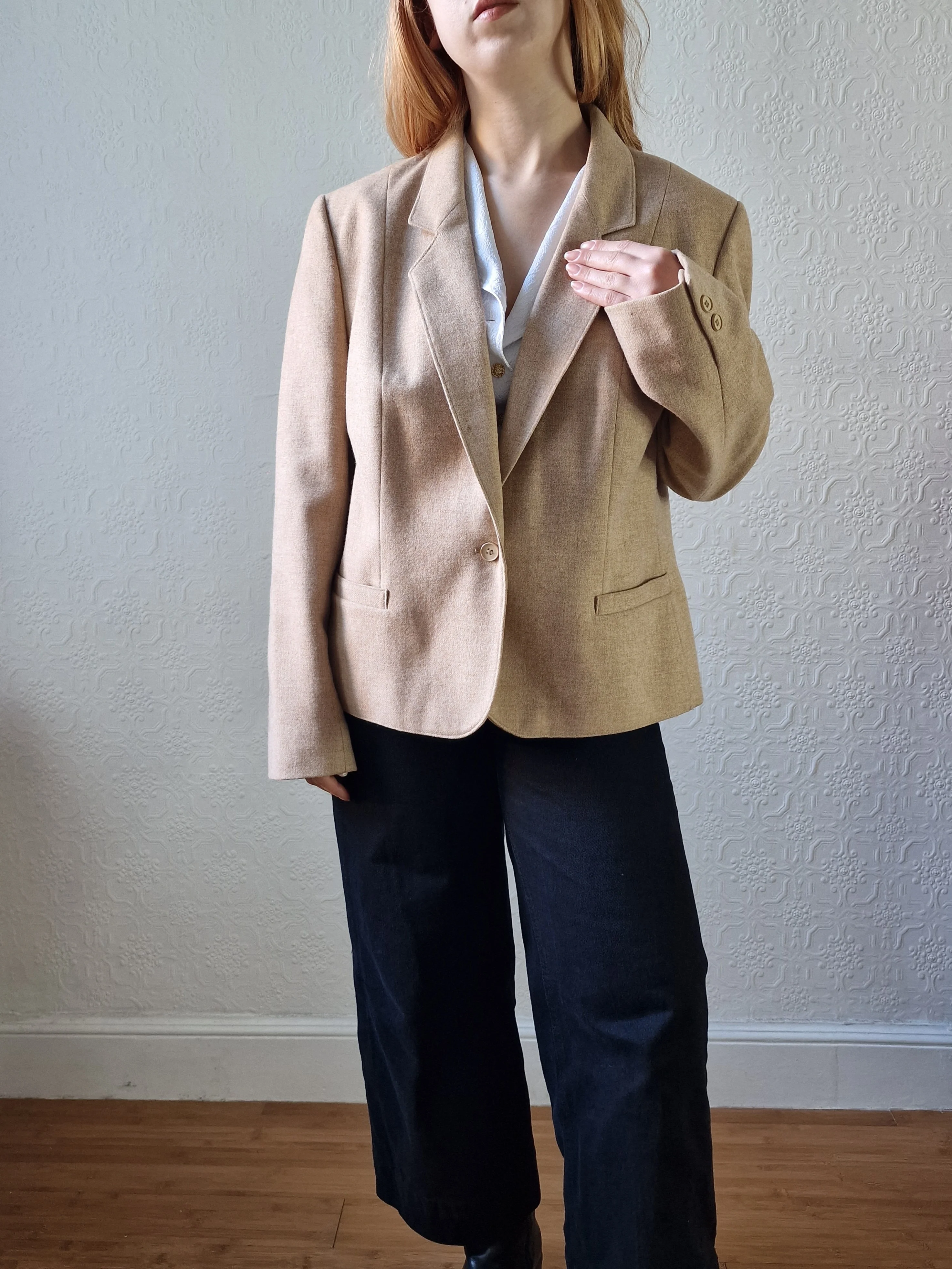 Vintage 90s Camel Beige Pure Wool Blazer - M - Image 9