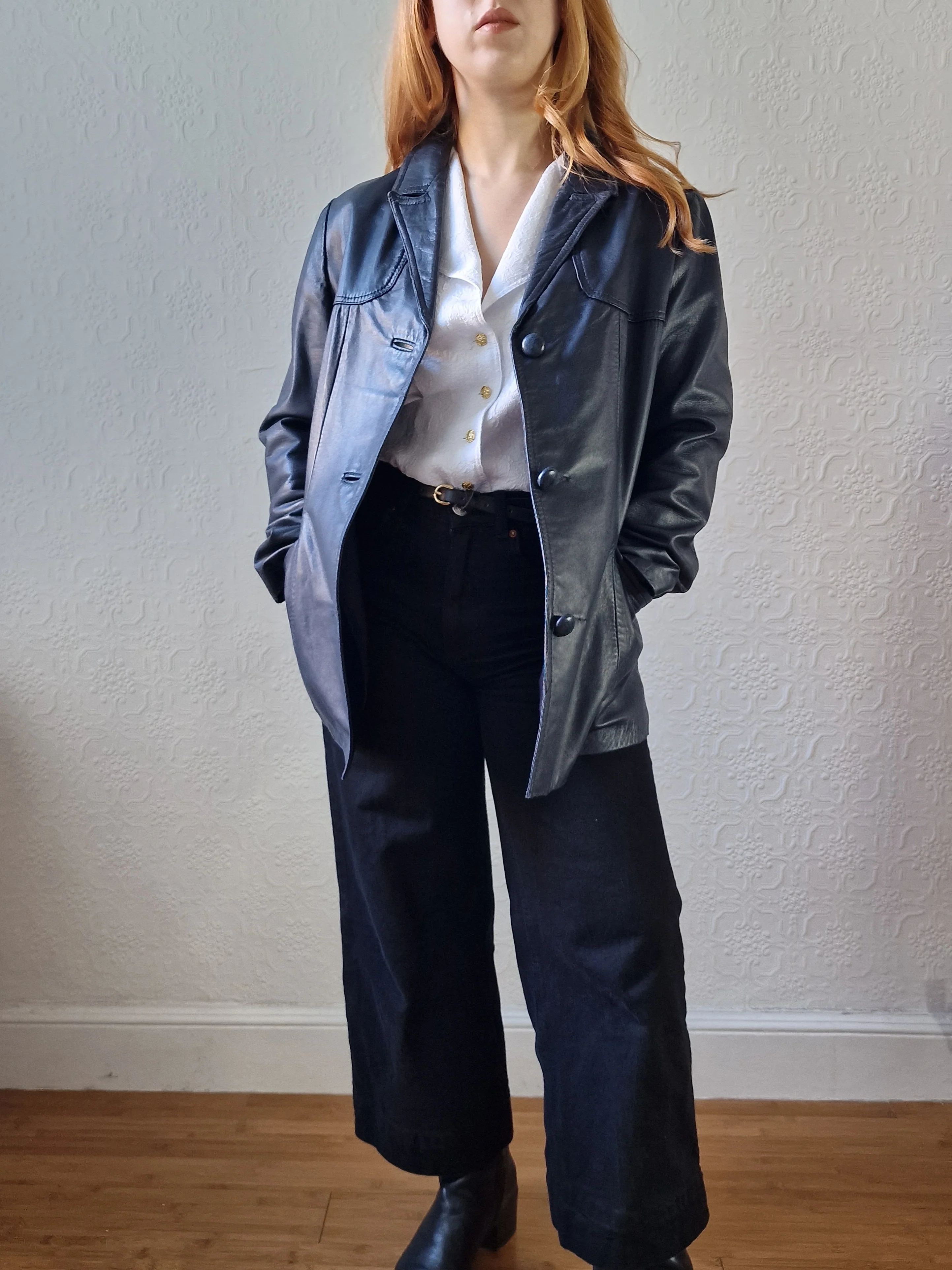 Vintage 90s Dark Navy Blue 100% Genuine Leather Blazer Style Jacket - S/M