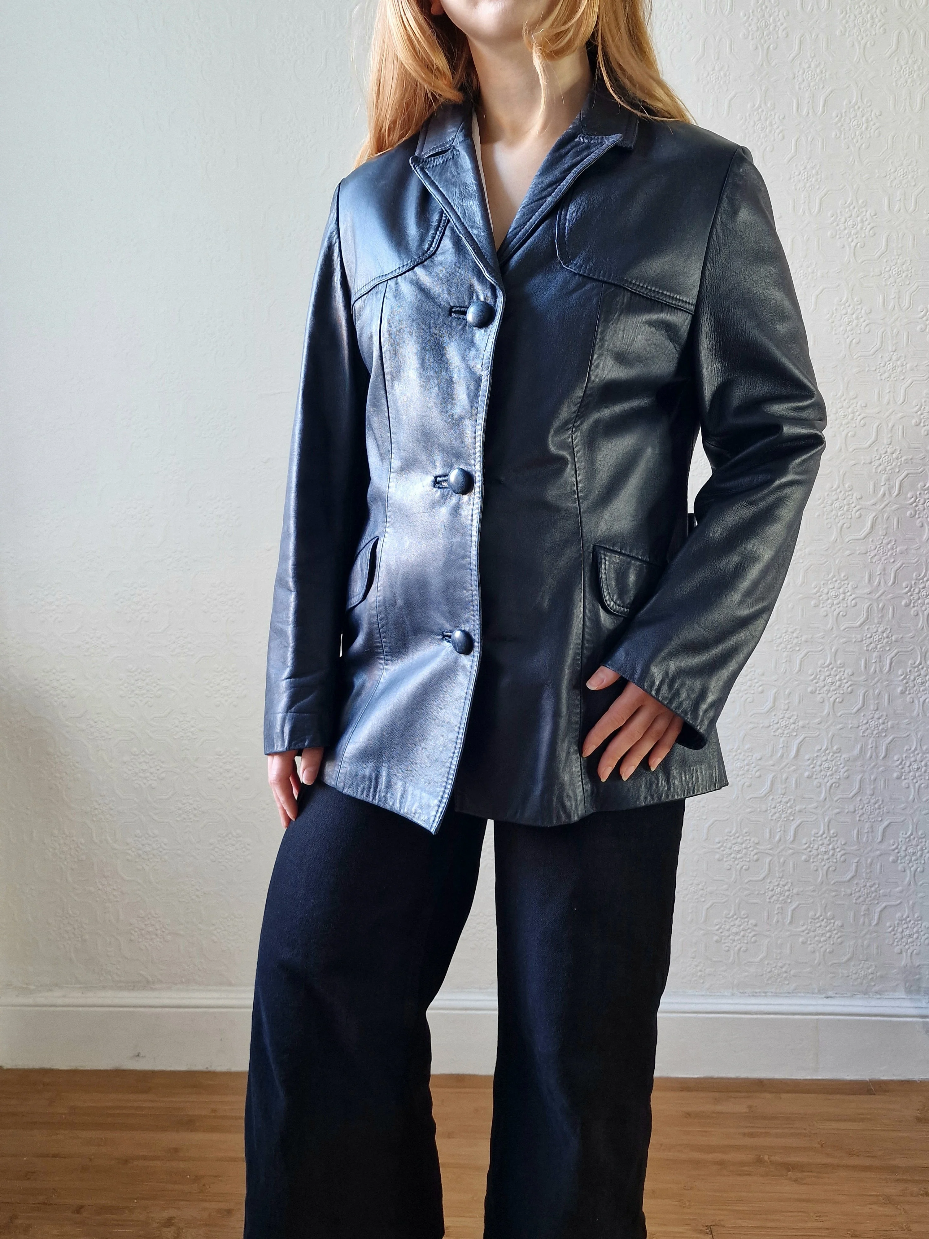 Vintage 90s Dark Navy Blue 100% Genuine Leather Blazer Style Jacket - S/M - Image 2