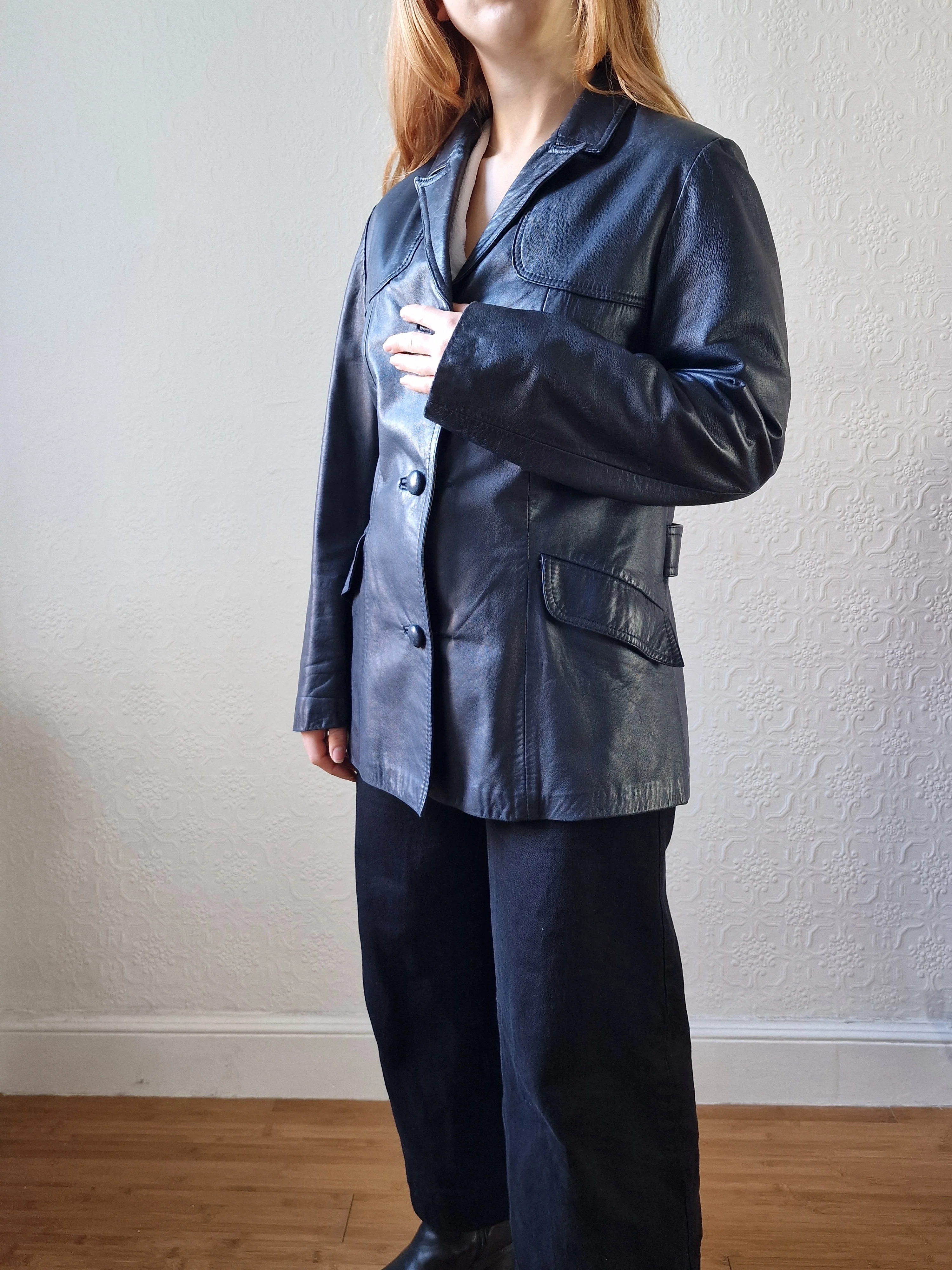 Vintage 90s Dark Navy Blue 100% Genuine Leather Blazer Style Jacket - S/M - Image 3
