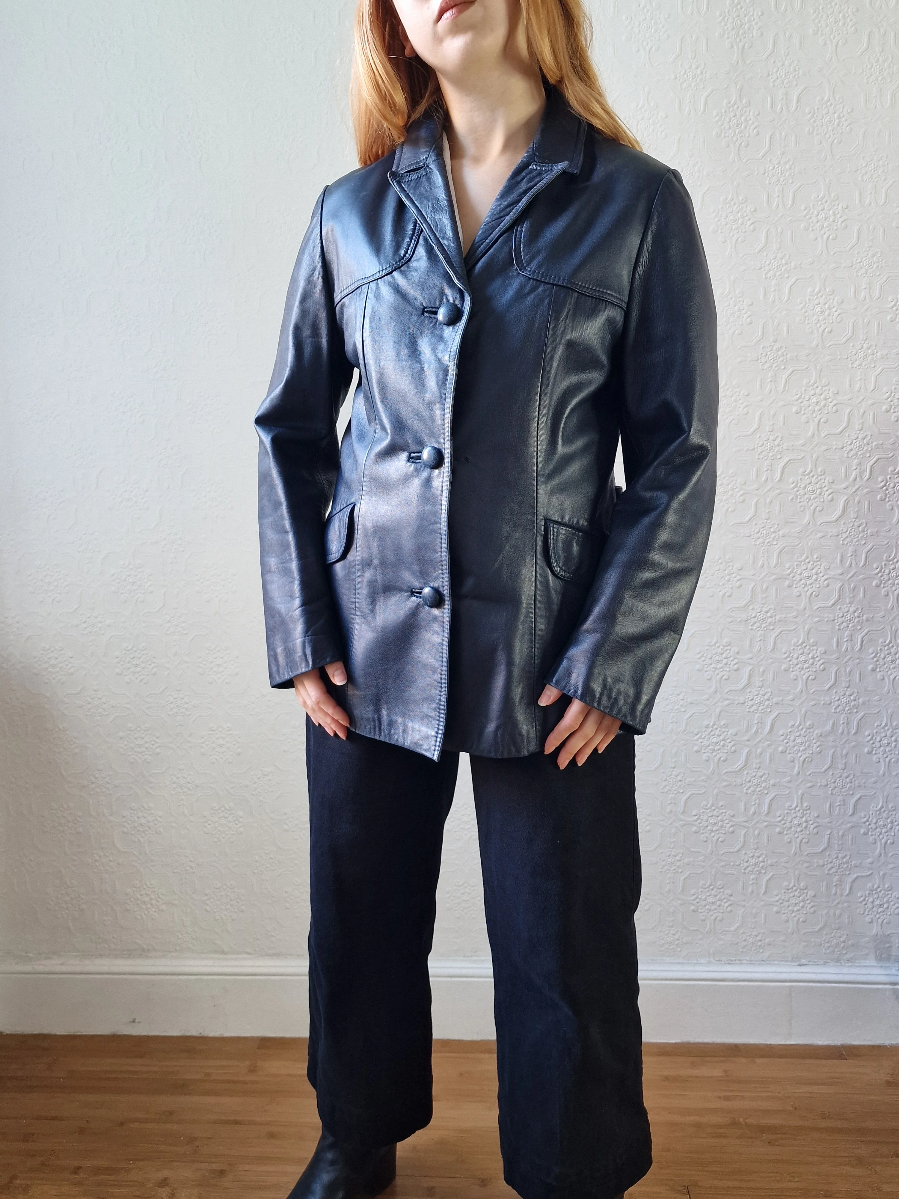 Vintage 90s Dark Navy Blue 100% Genuine Leather Blazer Style Jacket - S/M - Image 4