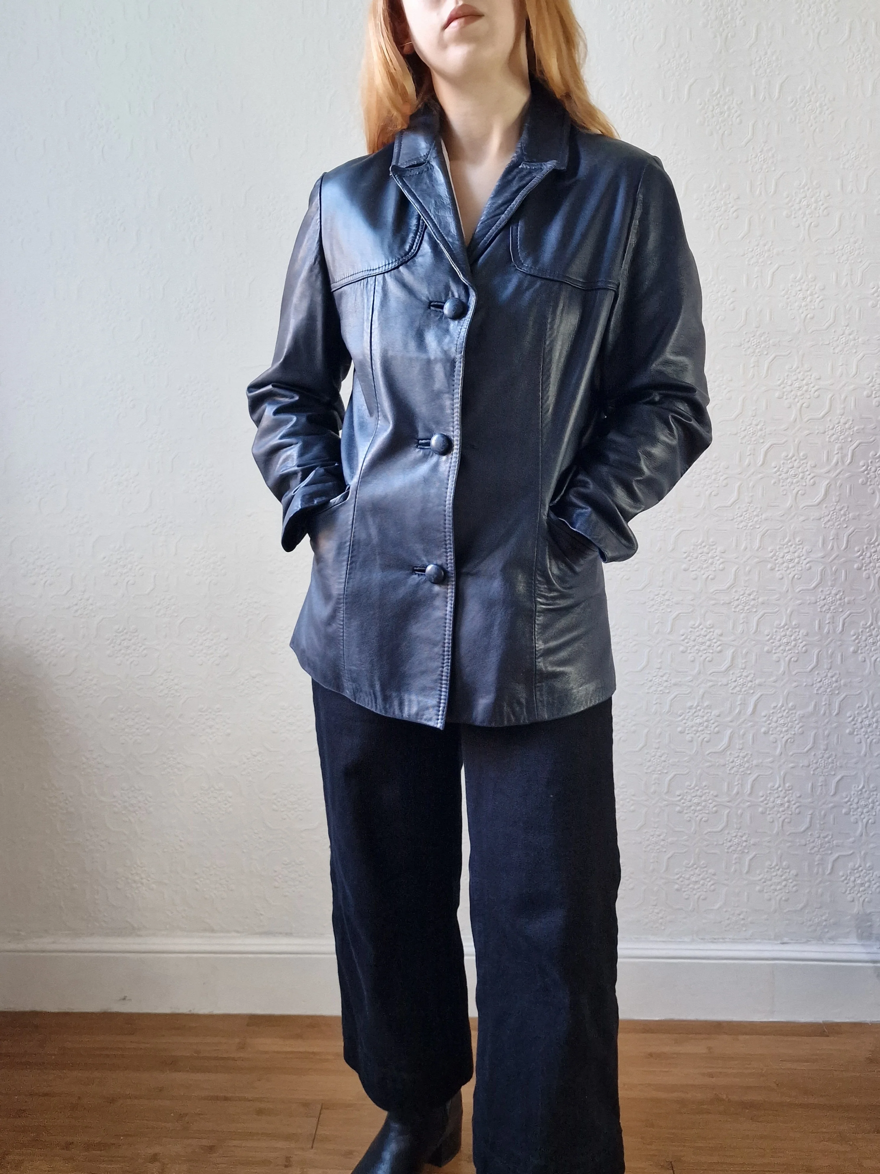 Vintage 90s Dark Navy Blue 100% Genuine Leather Blazer Style Jacket - S/M - Image 5