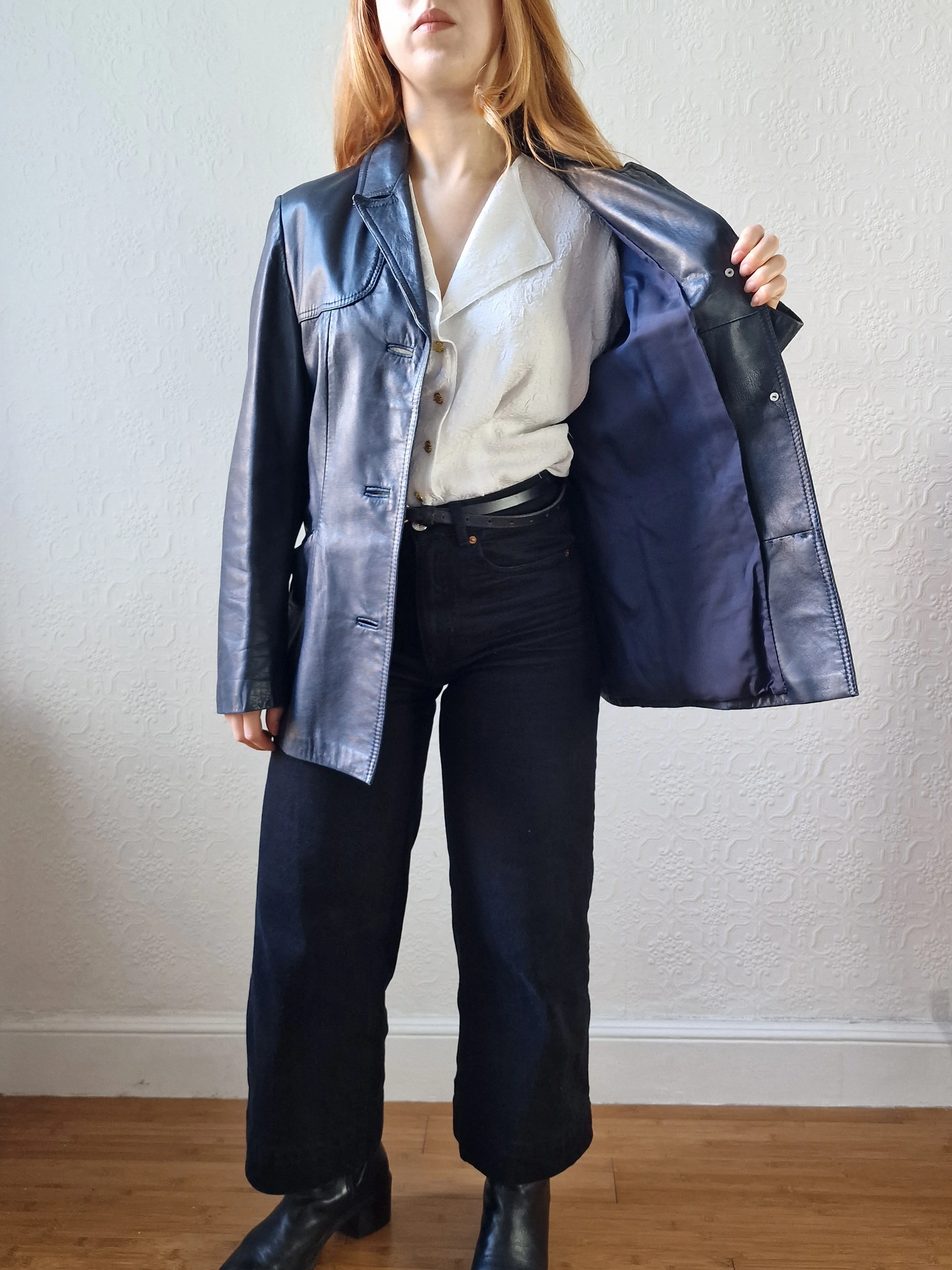 Vintage 90s Dark Navy Blue 100% Genuine Leather Blazer Style Jacket - S/M - Image 6