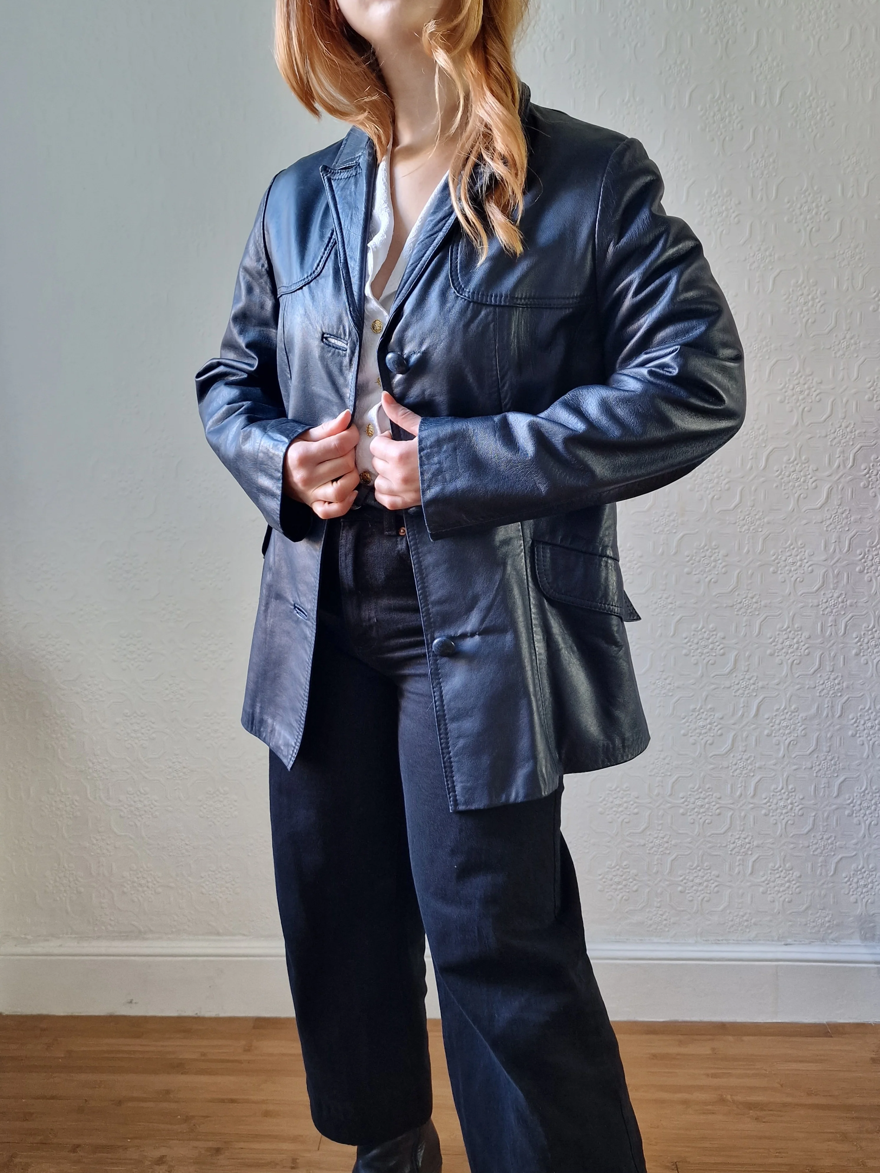 Vintage 90s Dark Navy Blue 100% Genuine Leather Blazer Style Jacket - S/M - Image 8
