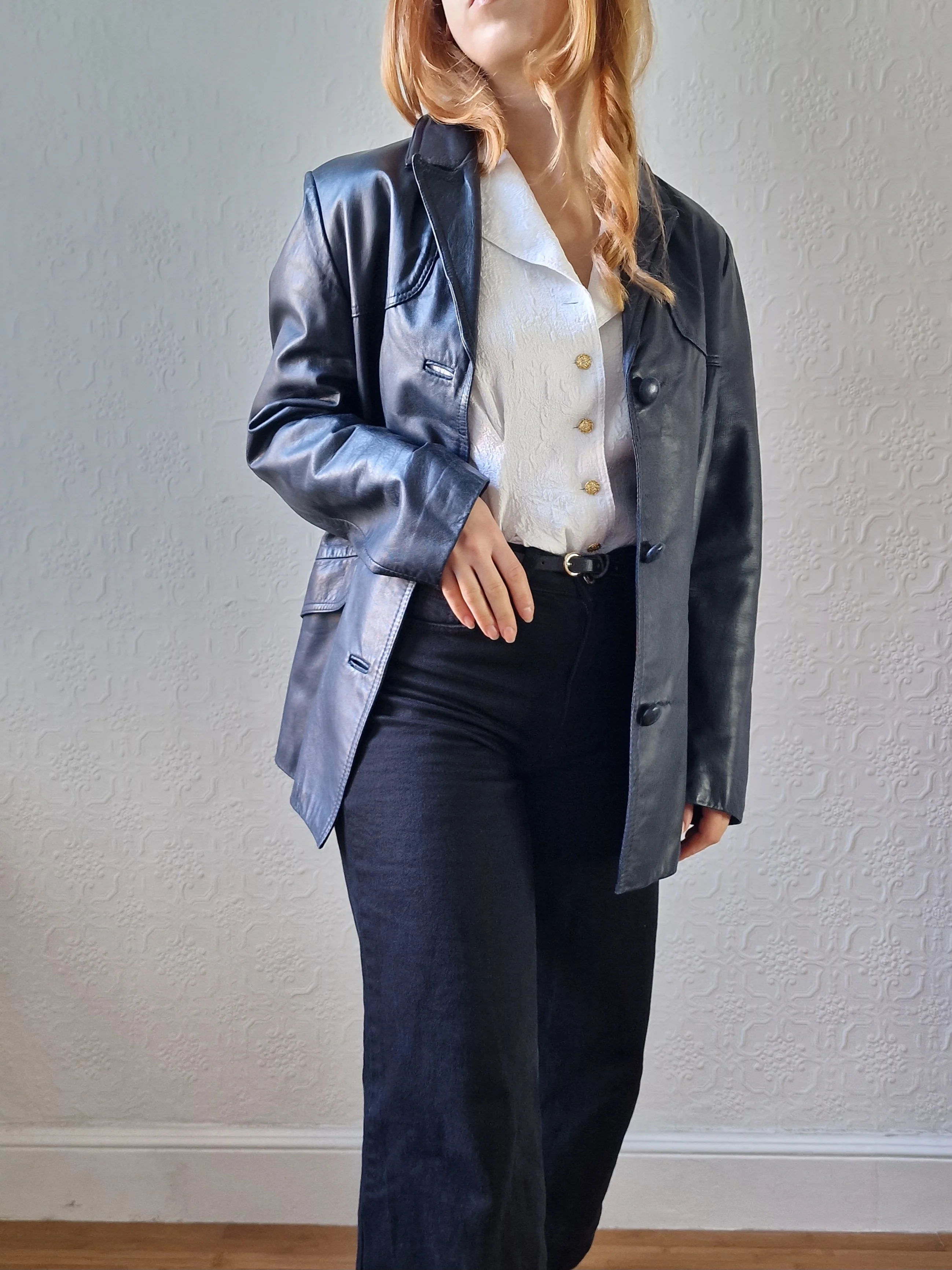 Vintage 90s Dark Navy Blue 100% Genuine Leather Blazer Style Jacket - S/M - Image 9