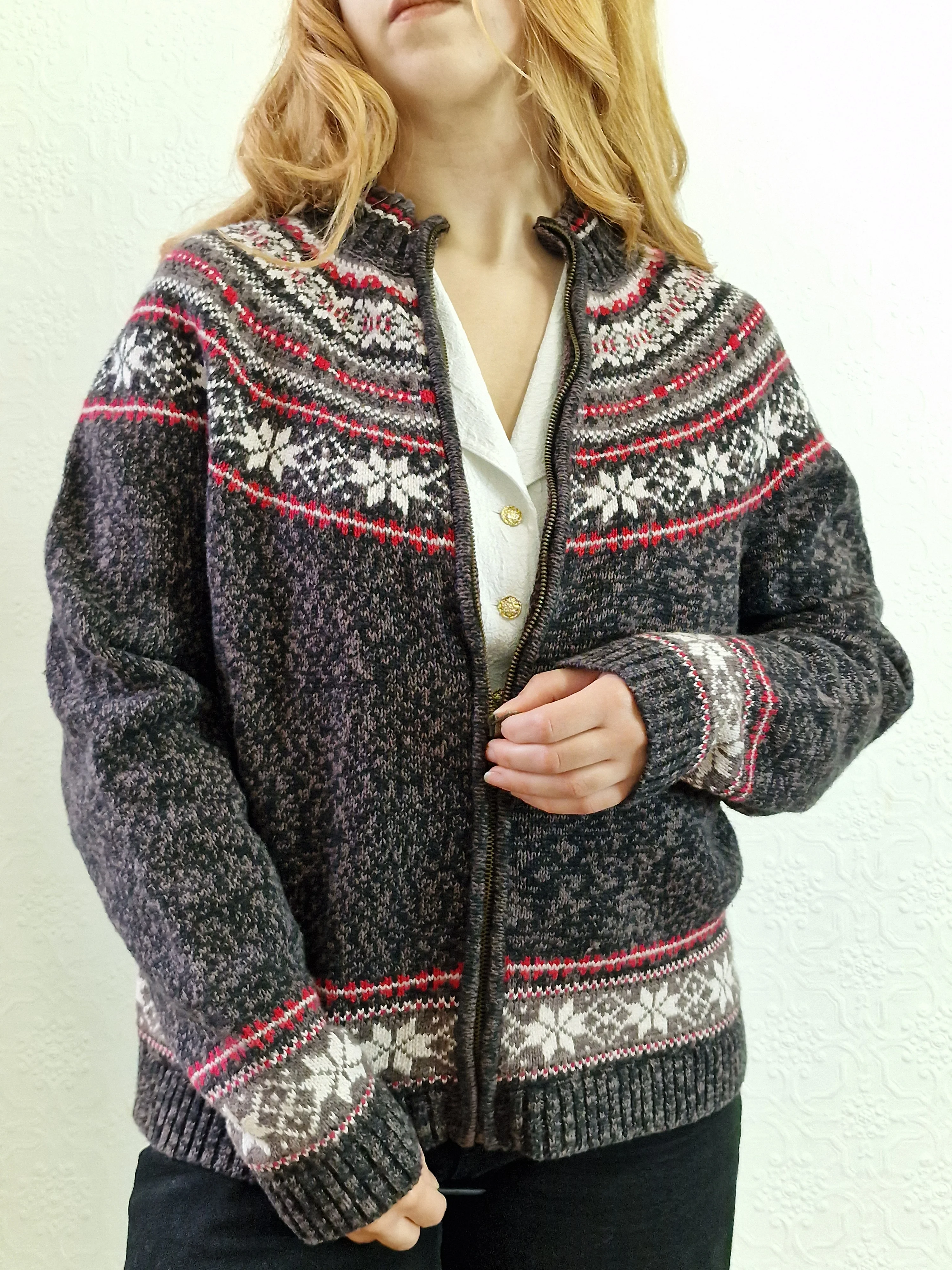 Vintage Icelandic Style Charcoal Grey Zip Up Cardigan - S - Image 12