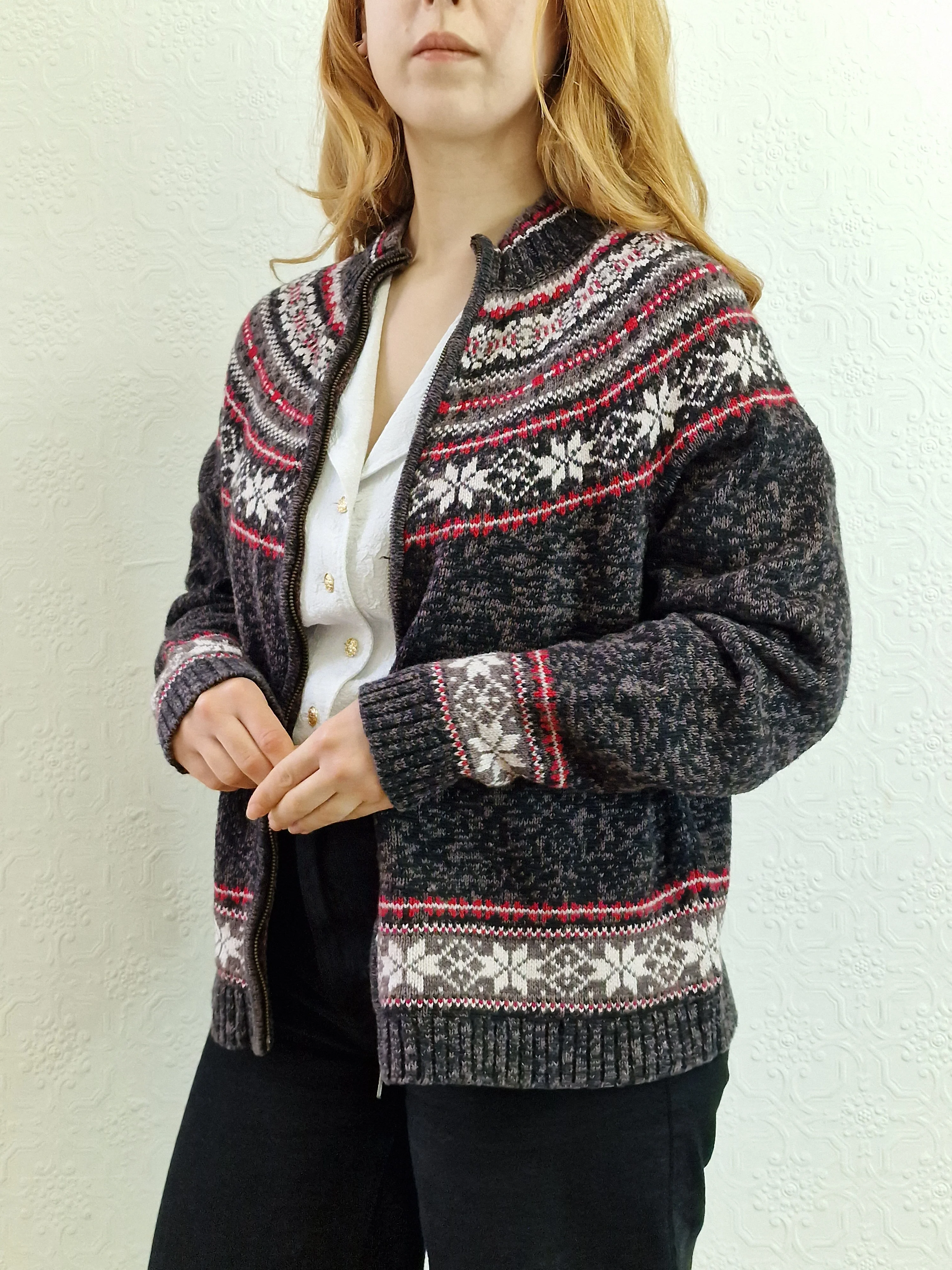 Vintage Icelandic Style Charcoal Grey Zip Up Cardigan - S - Image 3