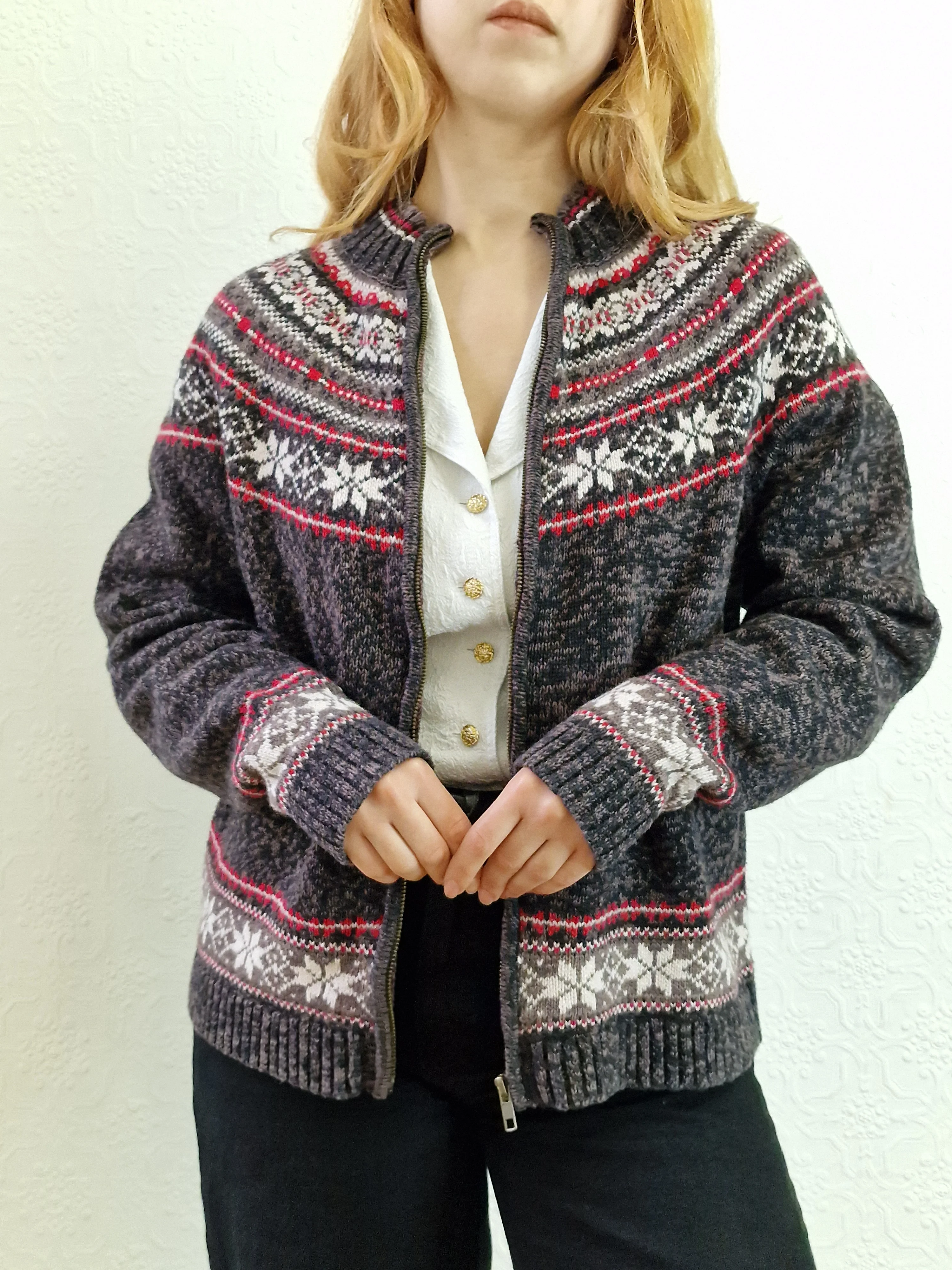 Vintage Icelandic Style Charcoal Grey Zip Up Cardigan - S - Image 5