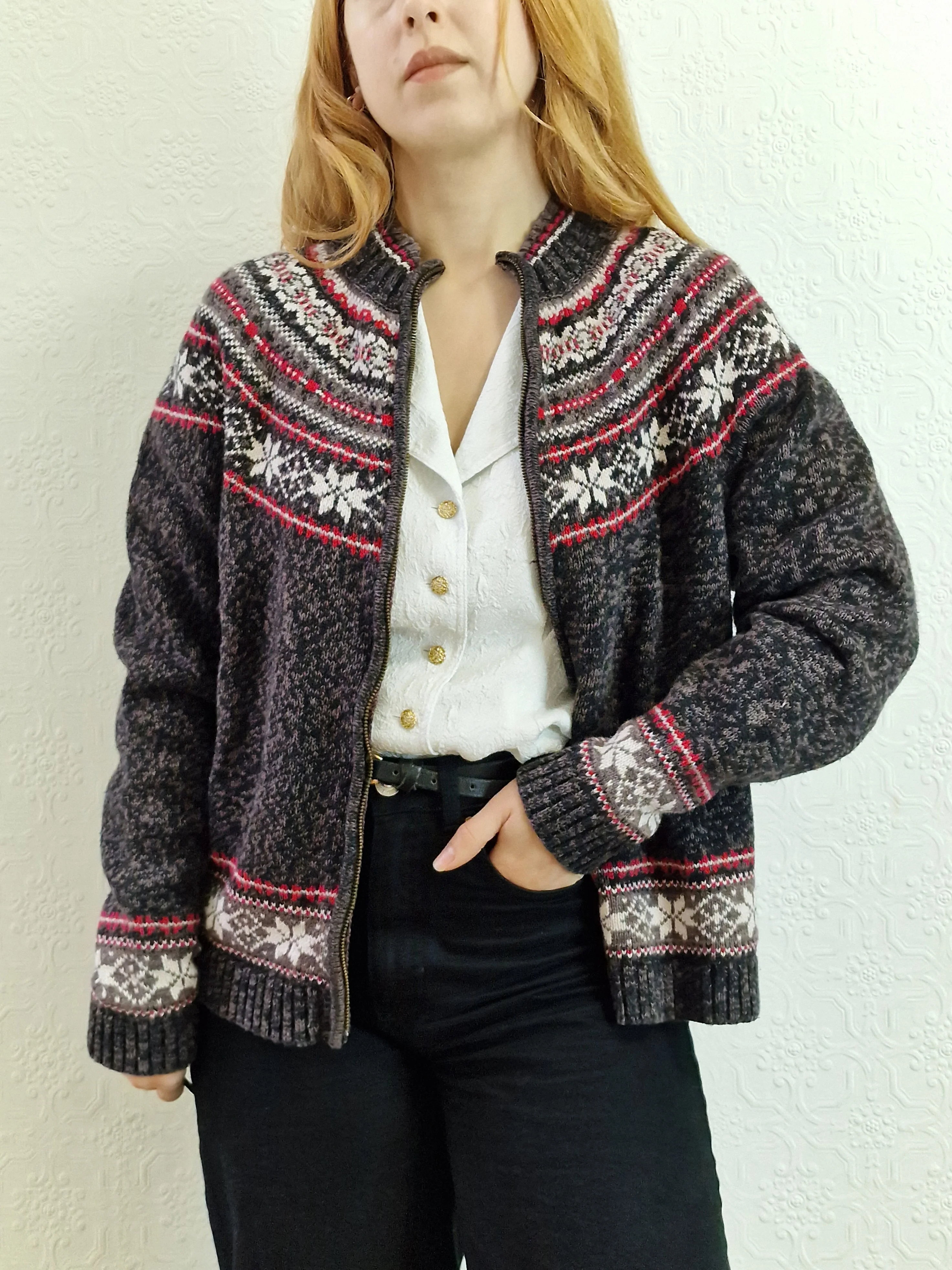 Vintage Icelandic Style Charcoal Grey Zip Up Cardigan - S - Image 7