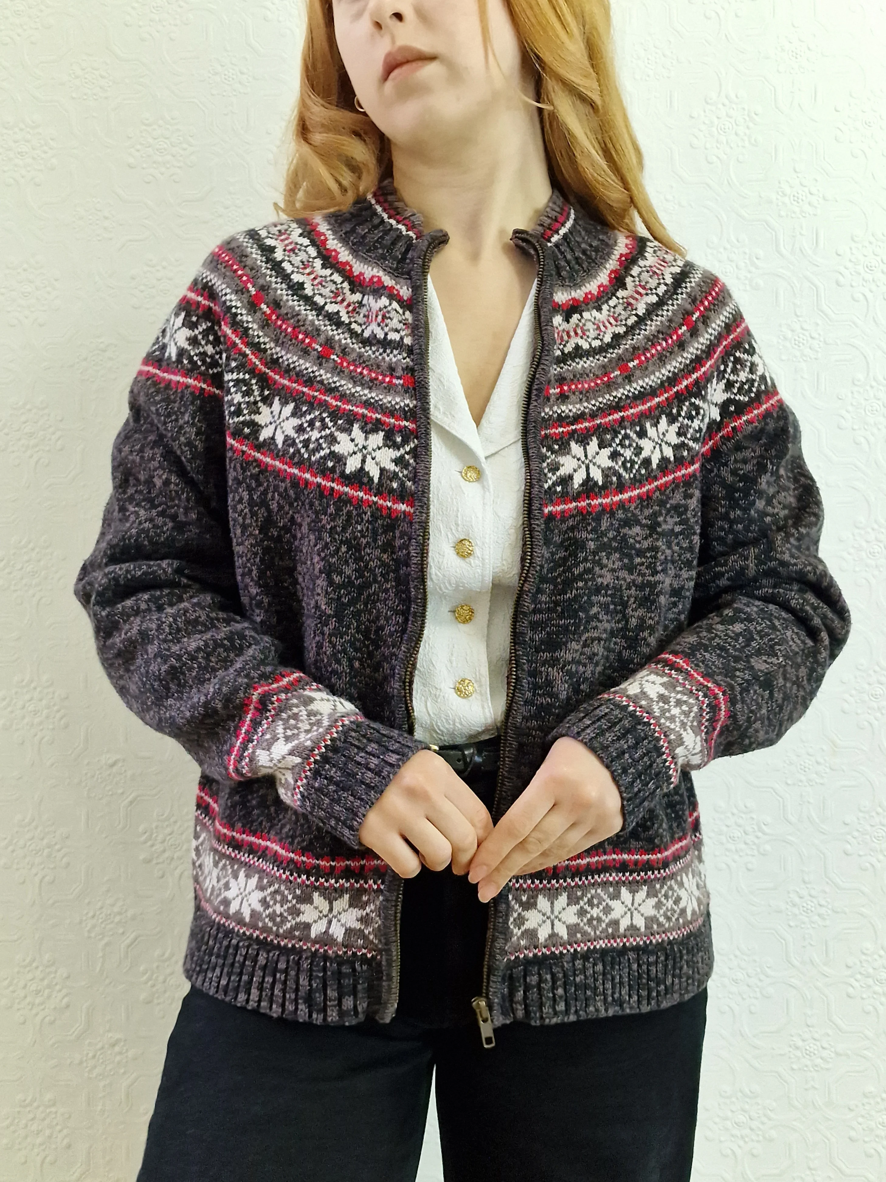 Vintage Icelandic Style Charcoal Grey Zip Up Cardigan - S - Image 8