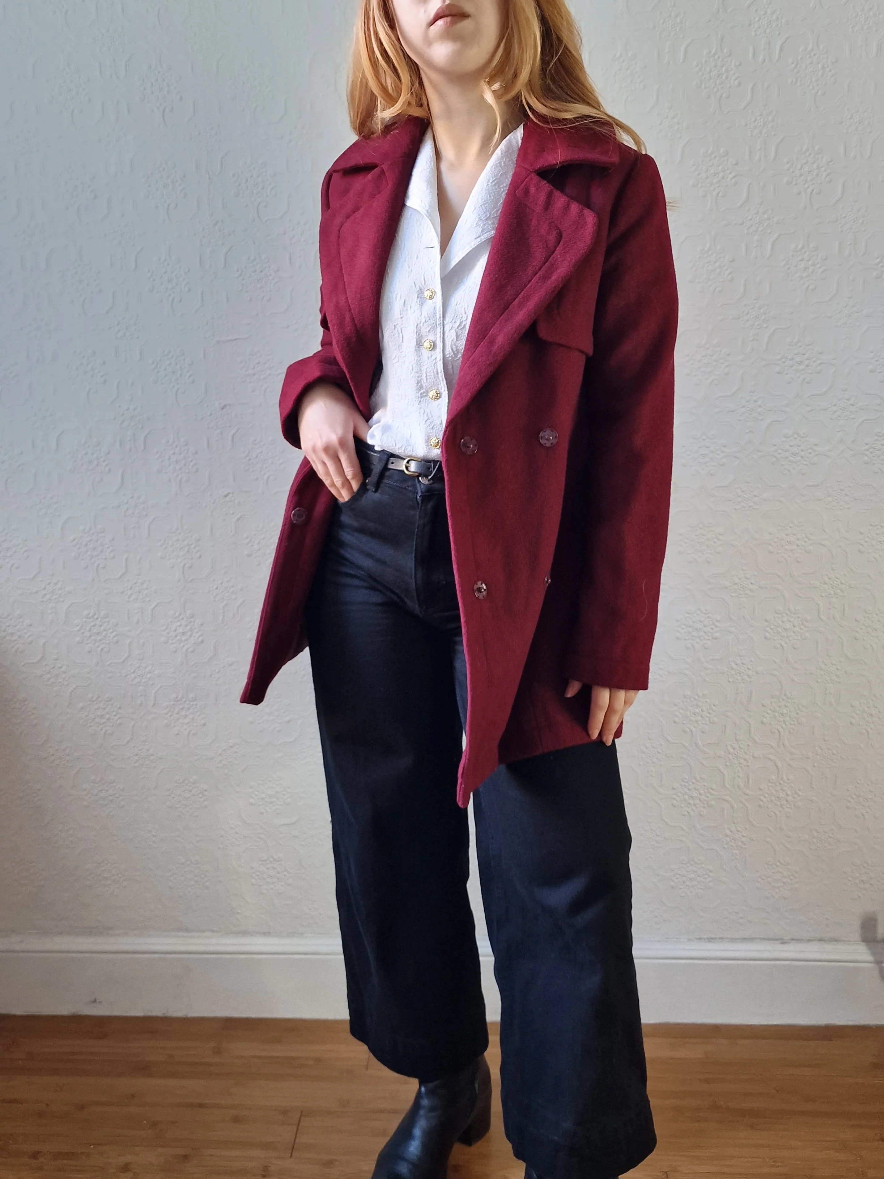Vintage Burgundy Wool Double Breasted Short Coat - XS/S
