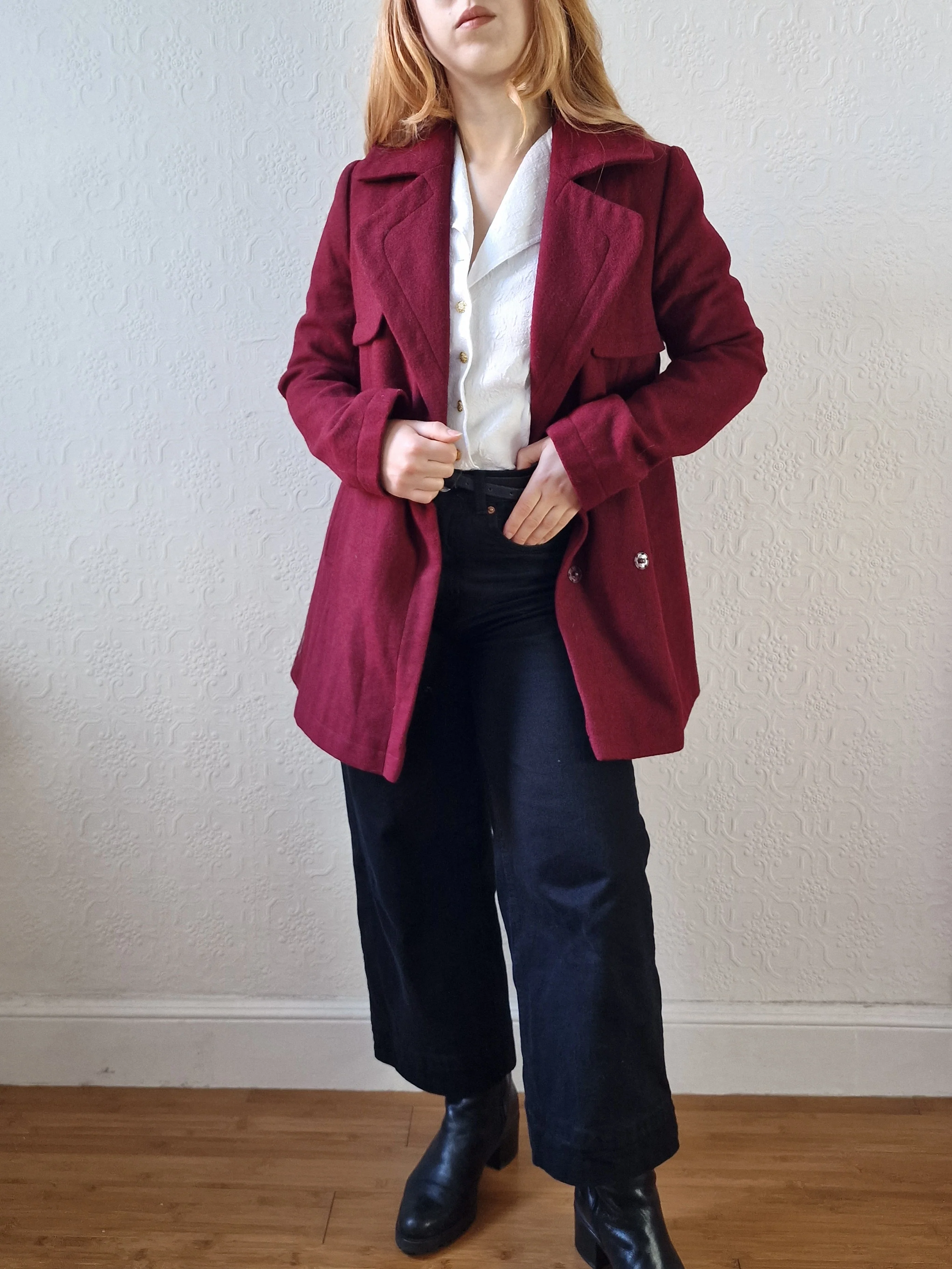 Vintage Burgundy Wool Double Breasted Short Coat - XS/S - Image 10