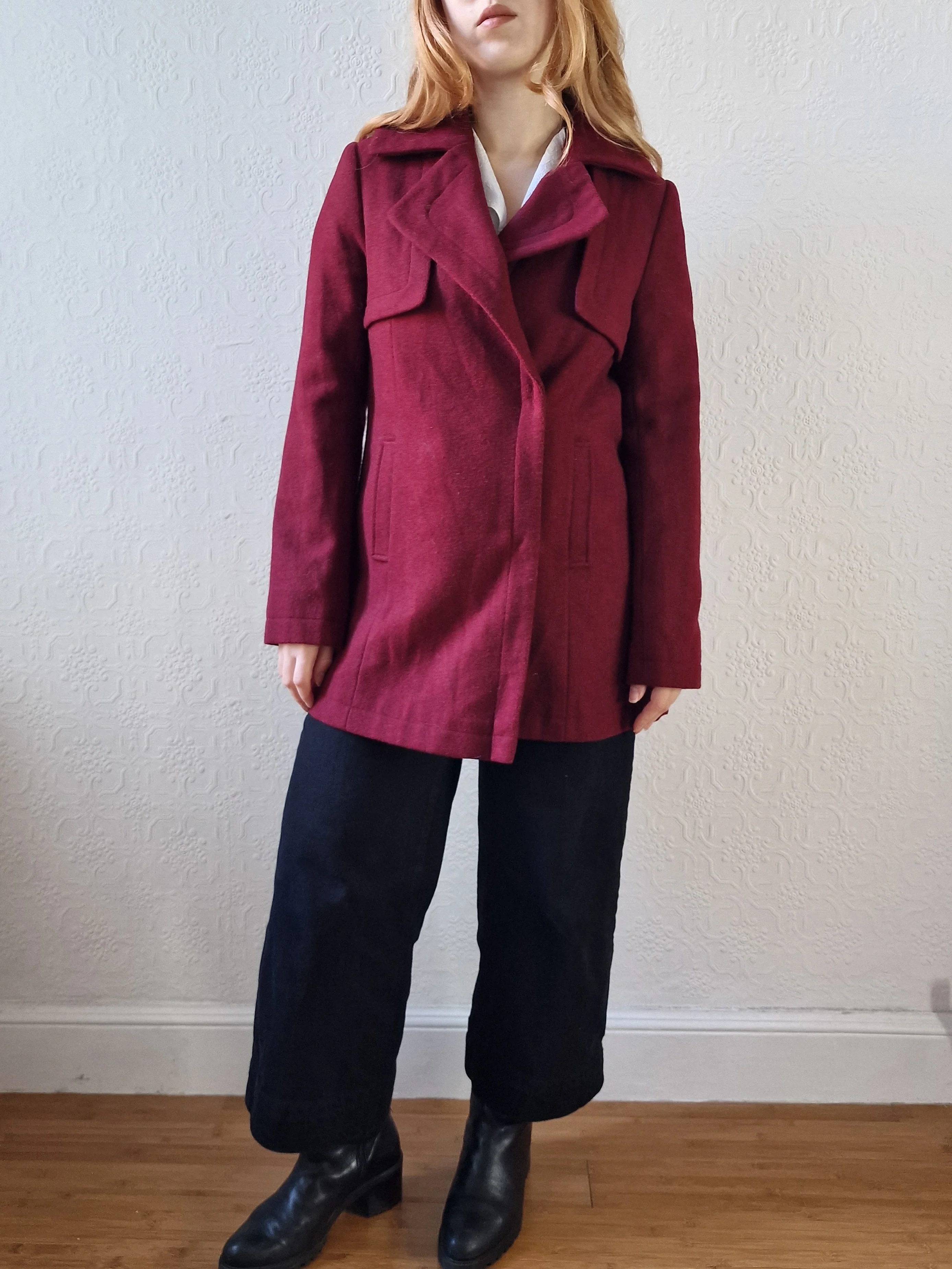 Vintage Burgundy Wool Double Breasted Short Coat - XS/S - Image 11