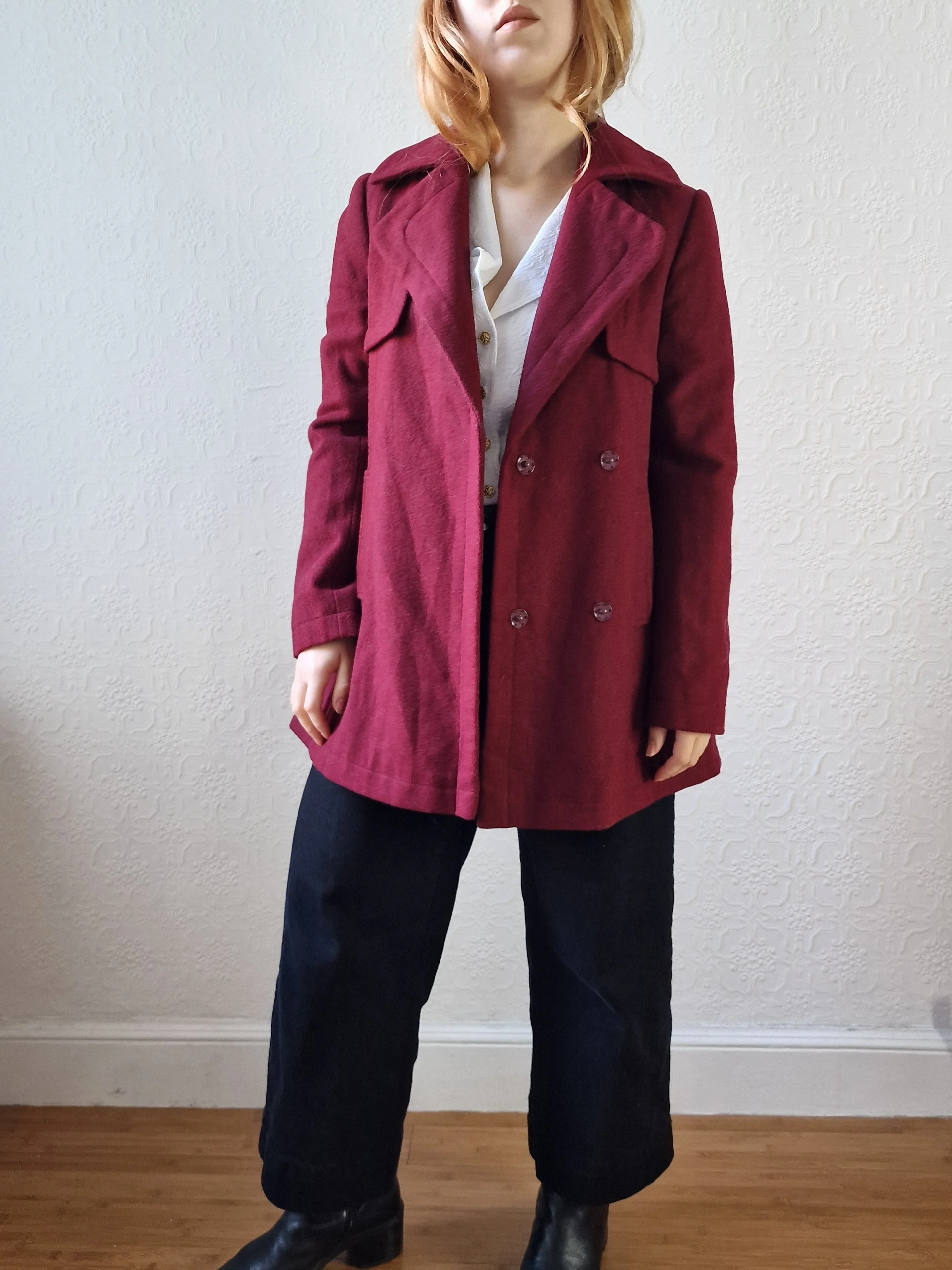 Vintage Burgundy Wool Double Breasted Short Coat - XS/S - Image 2
