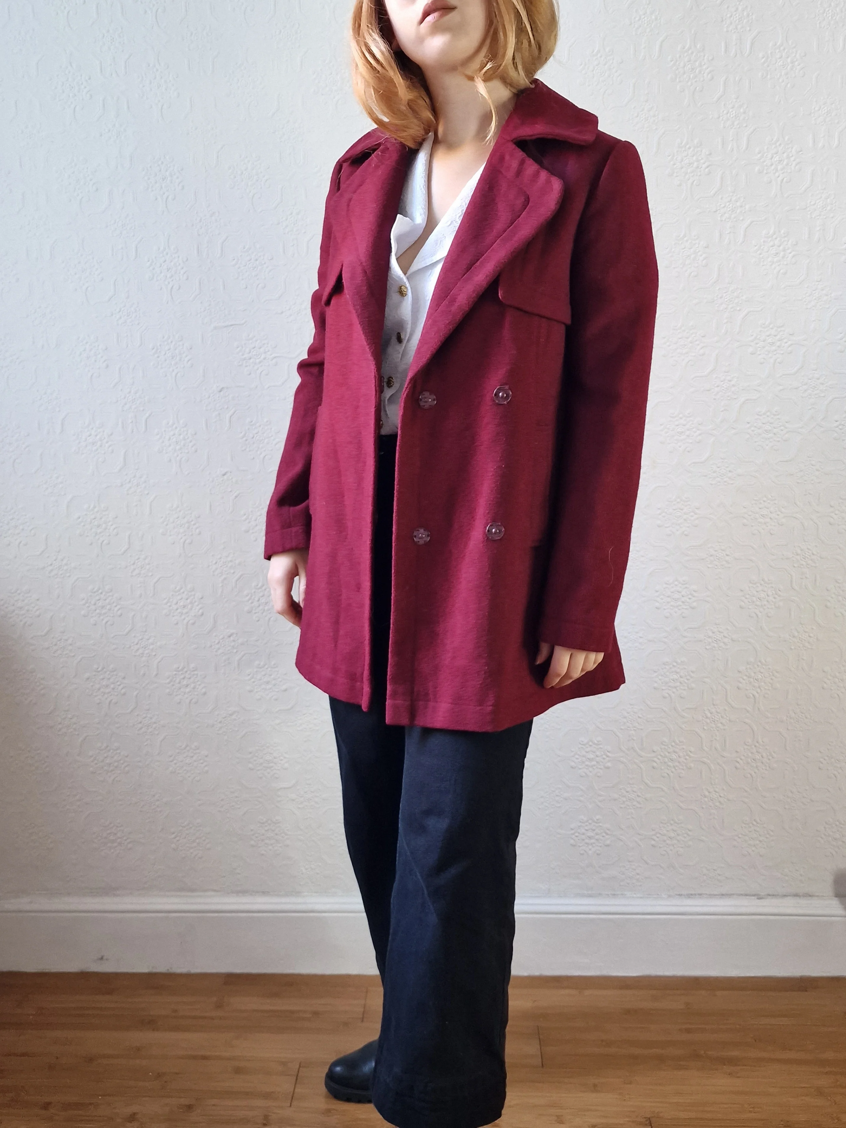 Vintage Burgundy Wool Double Breasted Short Coat - XS/S - Image 3