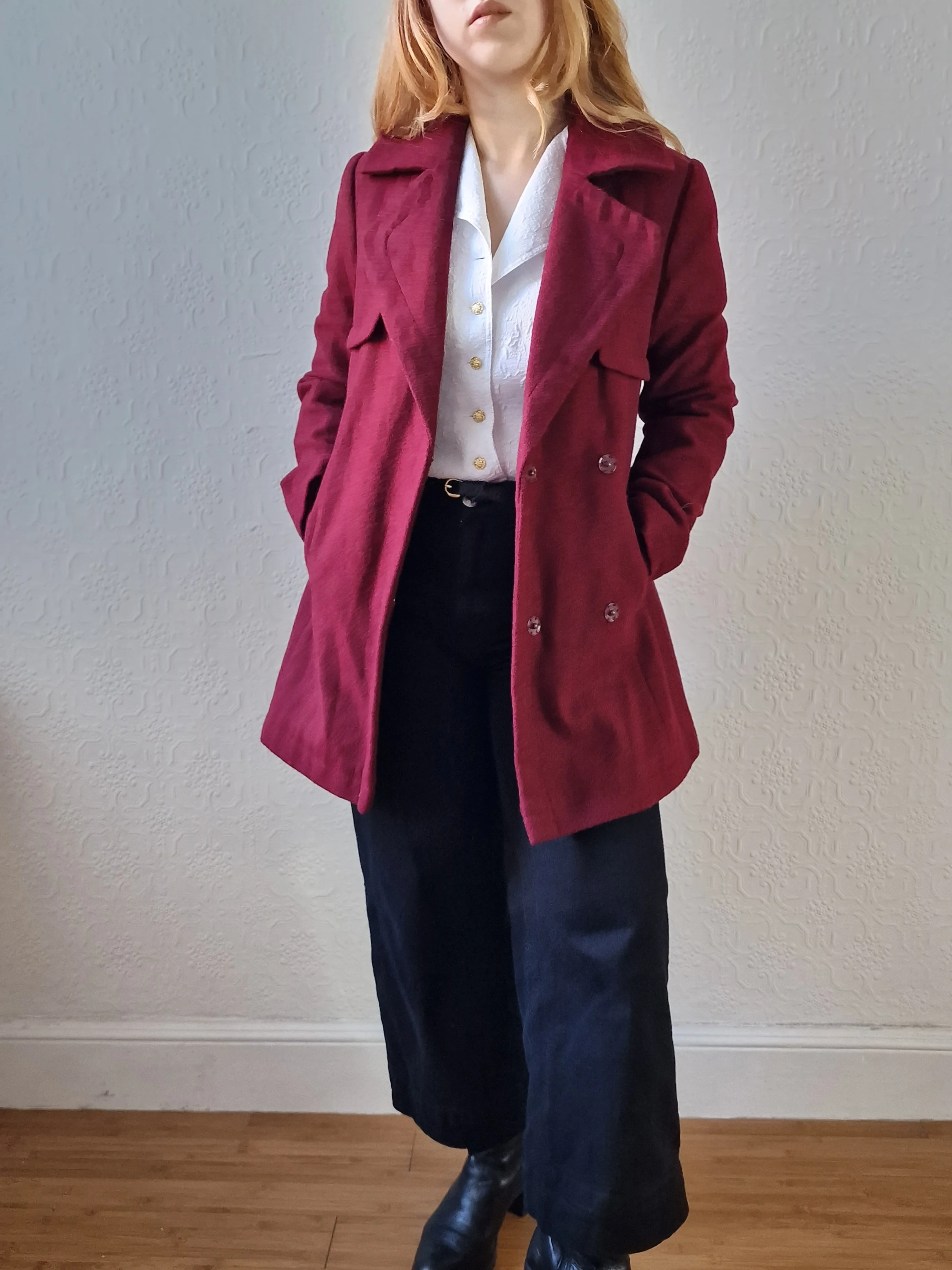 Vintage Burgundy Wool Double Breasted Short Coat - XS/S - Image 8