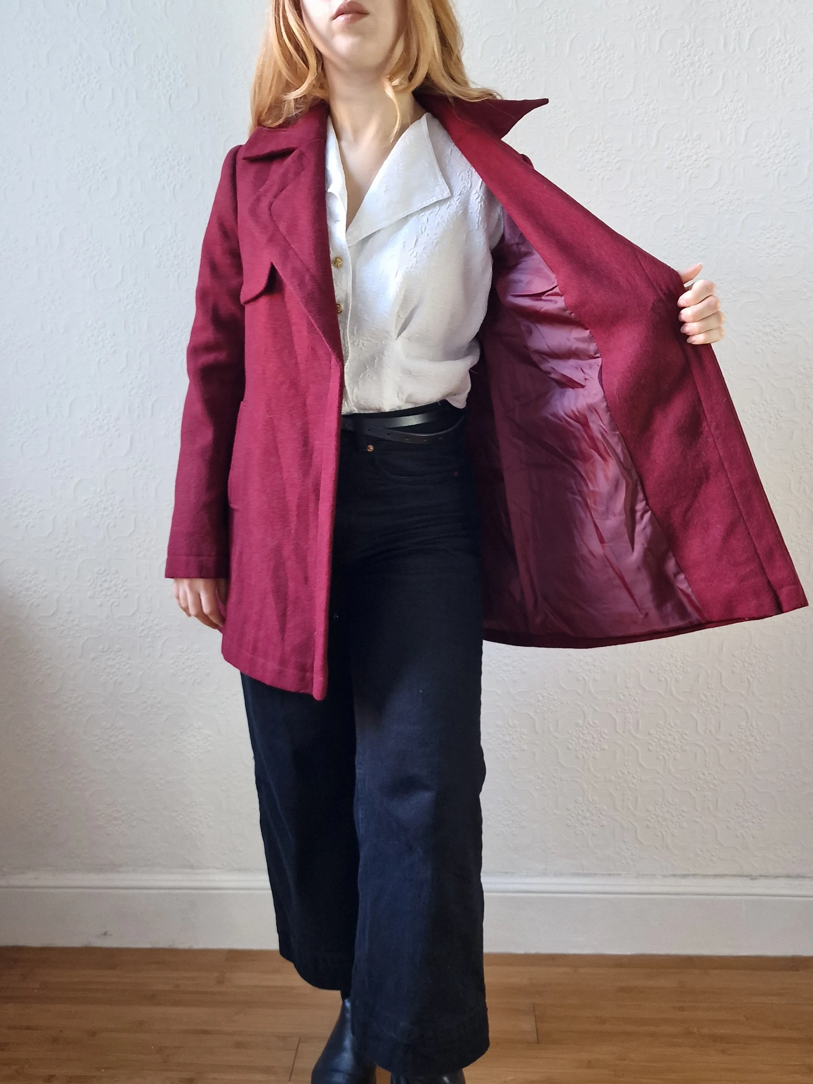Vintage Burgundy Wool Double Breasted Short Coat - XS/S - Image 9