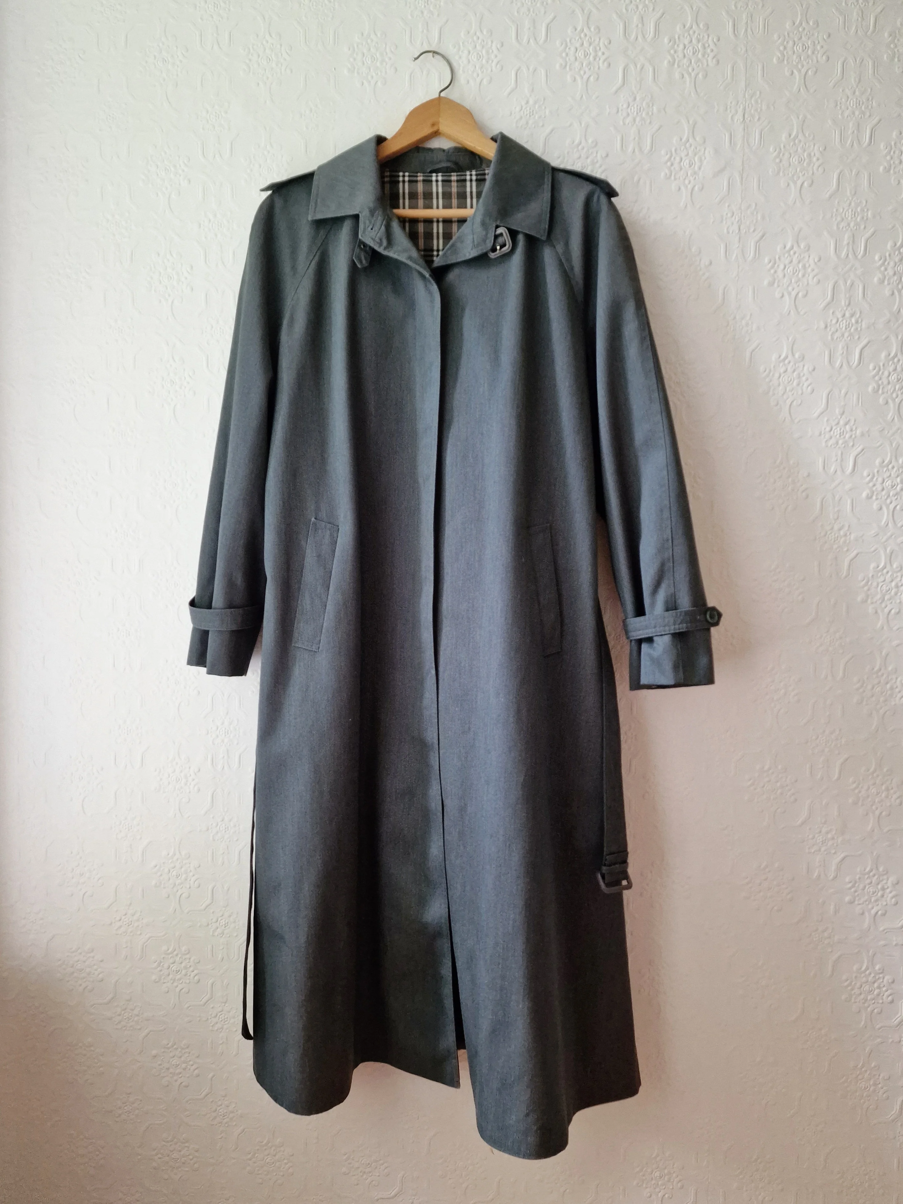 Vintage Dark Green Denim Effect Single Breasted Trench Coat with Belt - L - Image 10