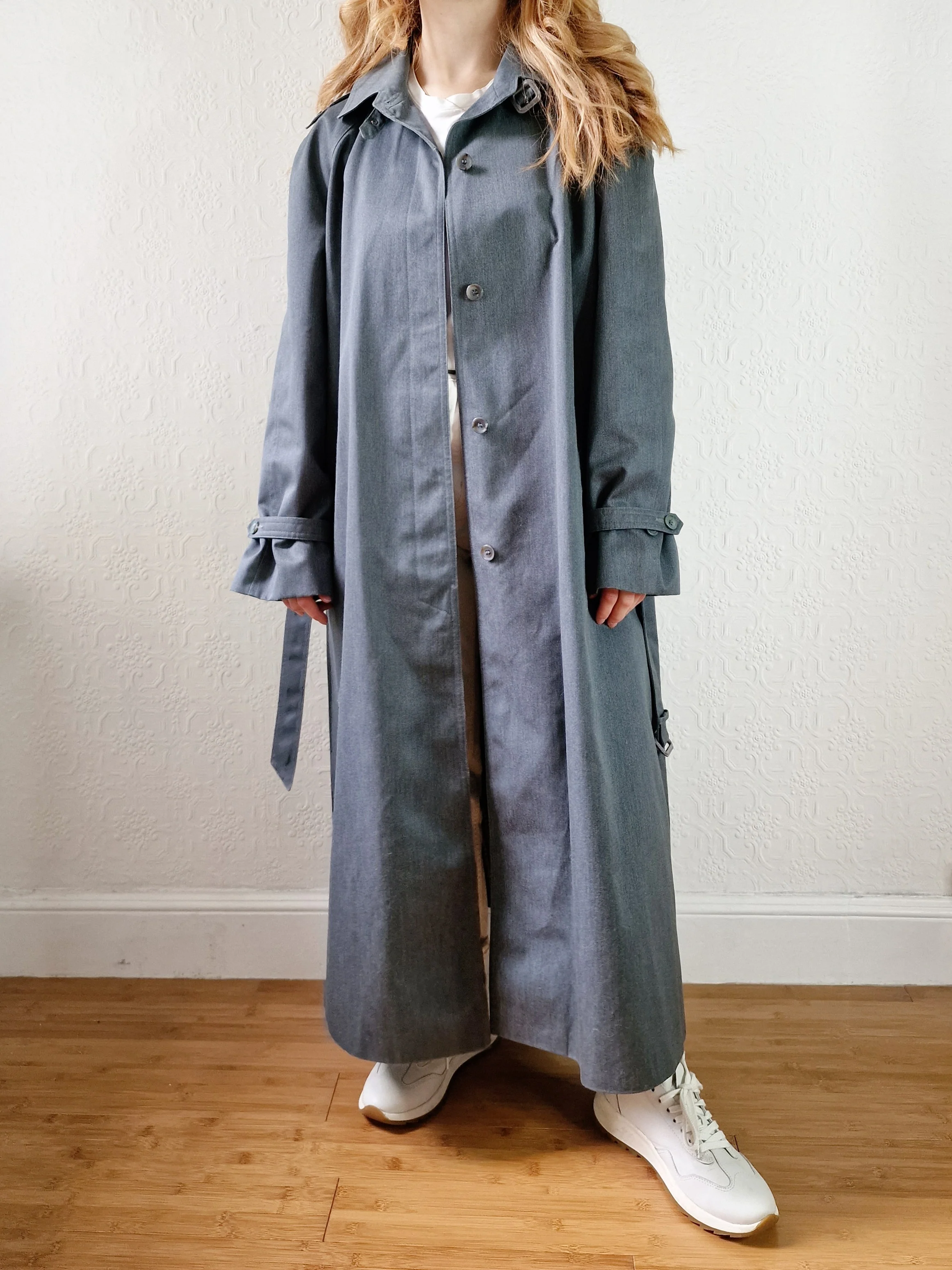Vintage Dark Green Denim Effect Single Breasted Trench Coat with Belt - L - Image 2