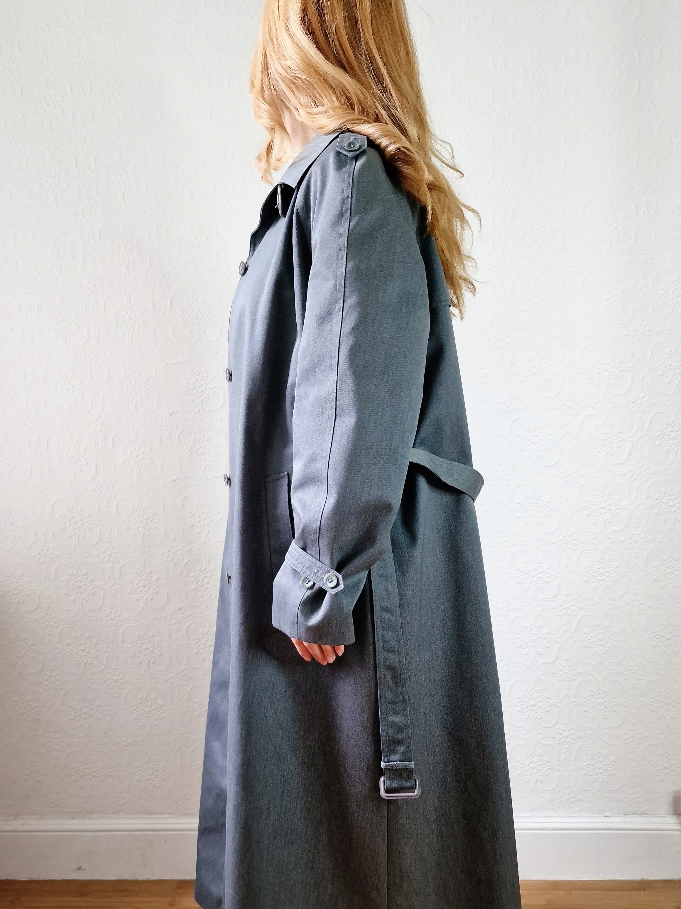 Vintage Dark Green Denim Effect Single Breasted Trench Coat with Belt - L - Image 3