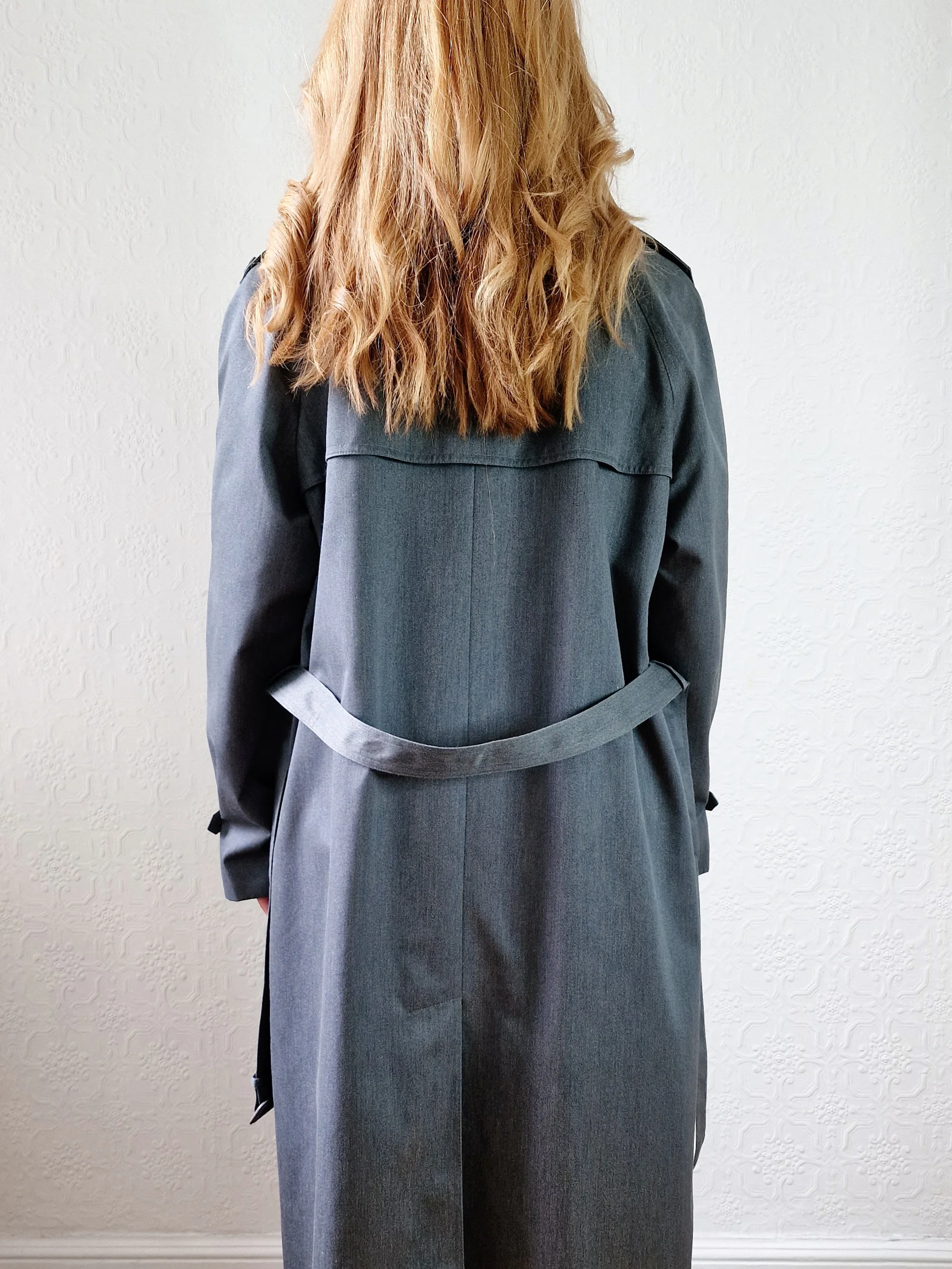 Vintage Dark Green Denim Effect Single Breasted Trench Coat with Belt - L - Image 4