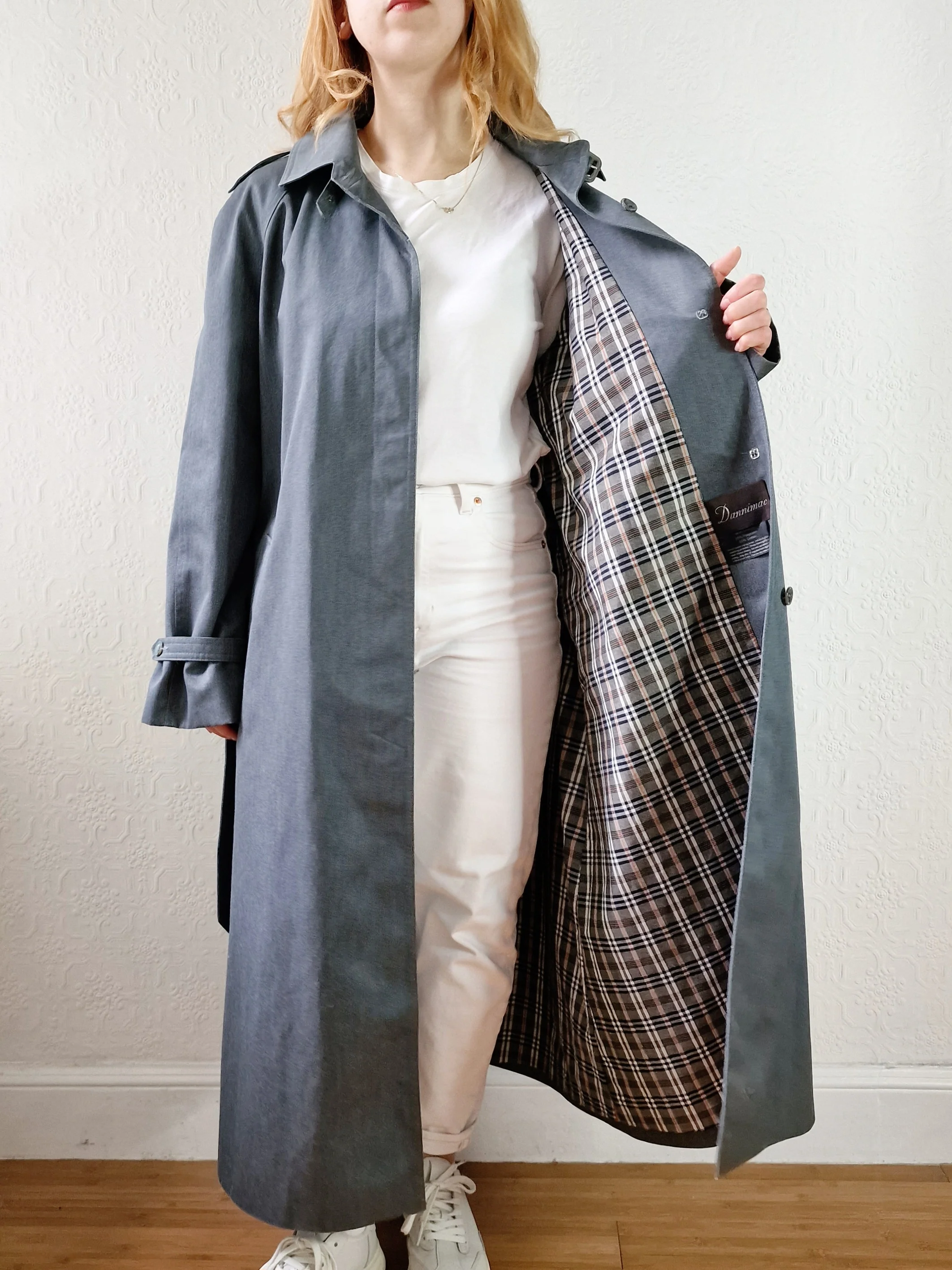 Vintage Dark Green Denim Effect Single Breasted Trench Coat with Belt - L - Image 5