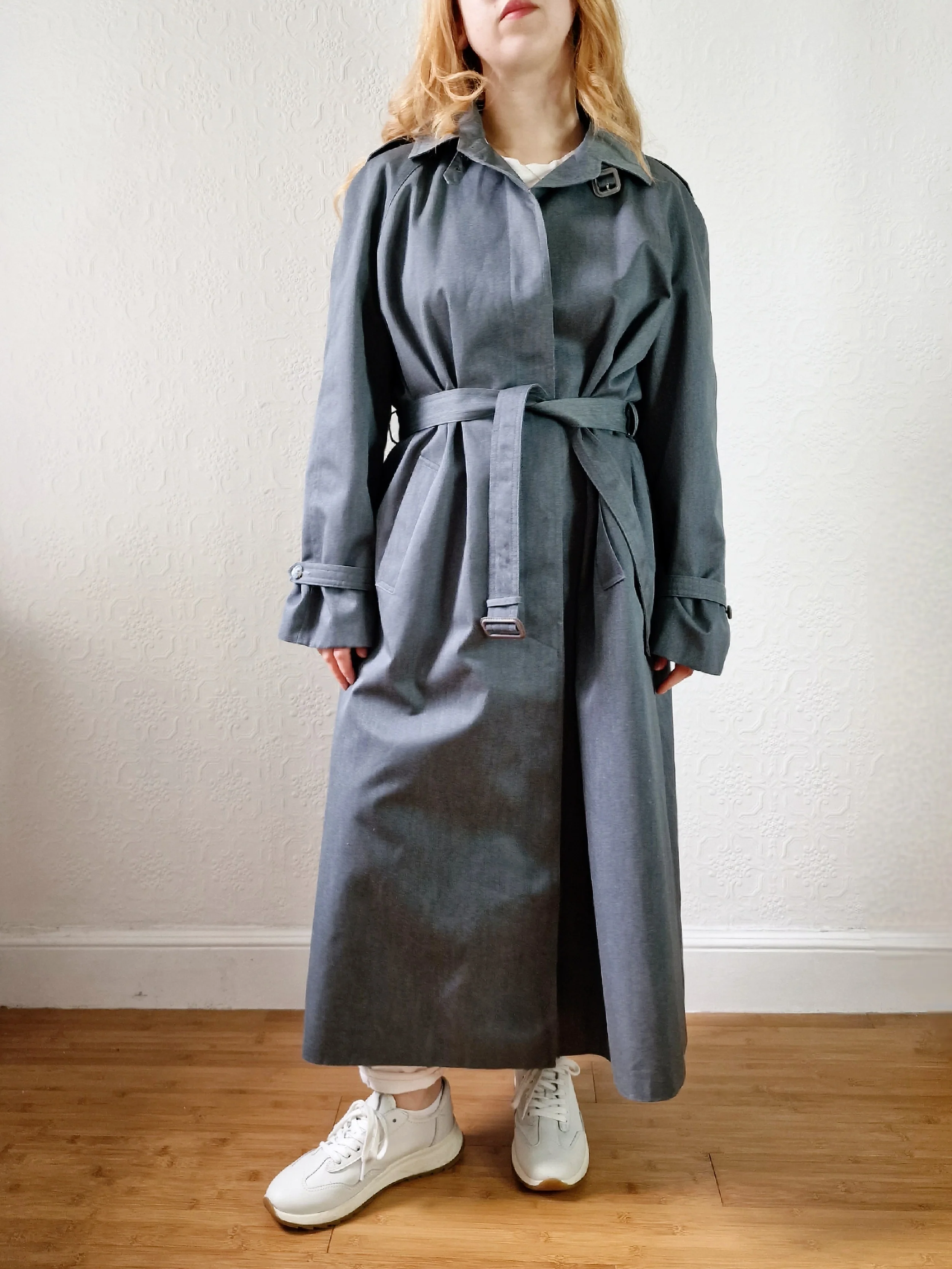 Vintage Dark Green Denim Effect Single Breasted Trench Coat with Belt - L - Image 6